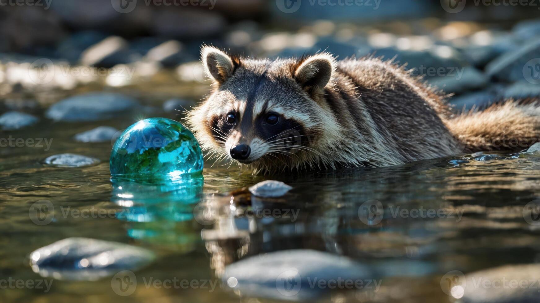 Raccoon Investigating Blue Orb in Shallow Stream Water photo