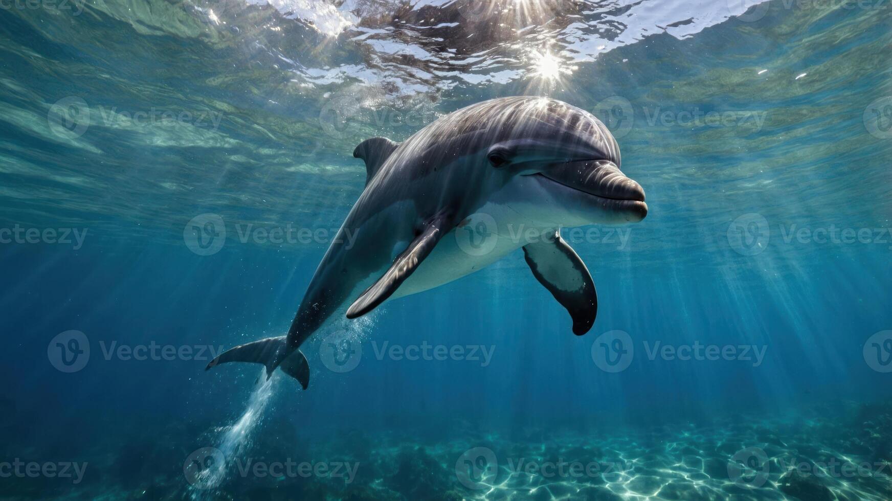 Dolphin Swimming Underwater with Sunlight Shining Through photo