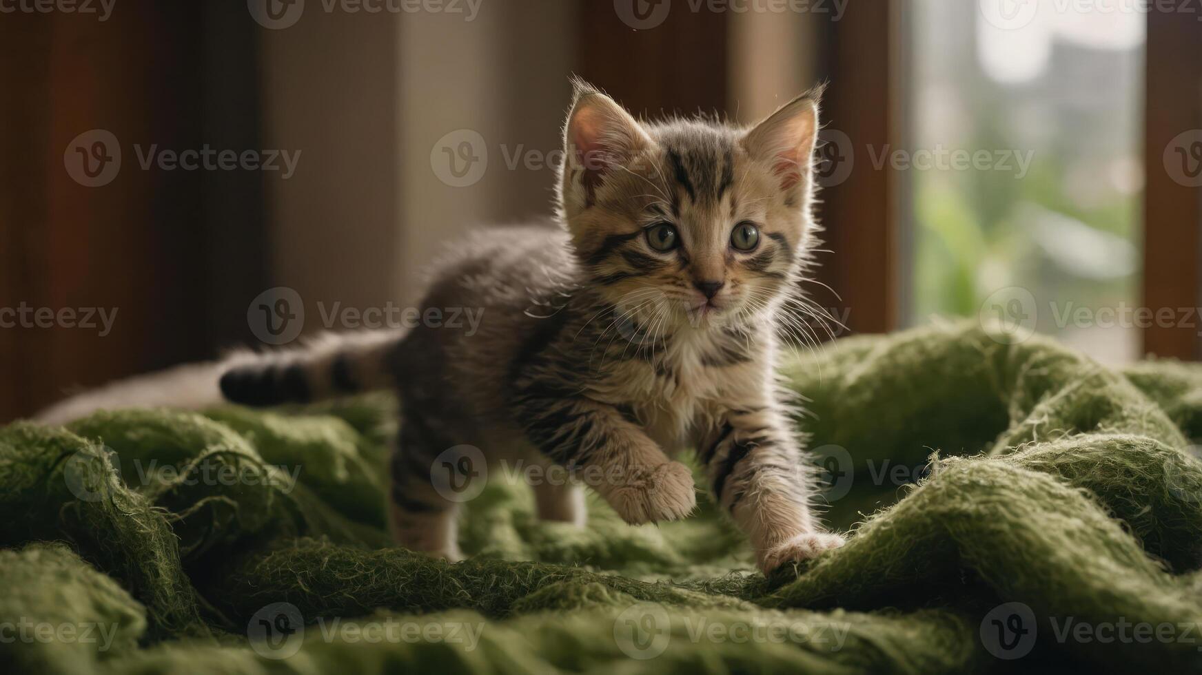 Kitten Walking on a Soft Green Knitted Blanket Indoors photo