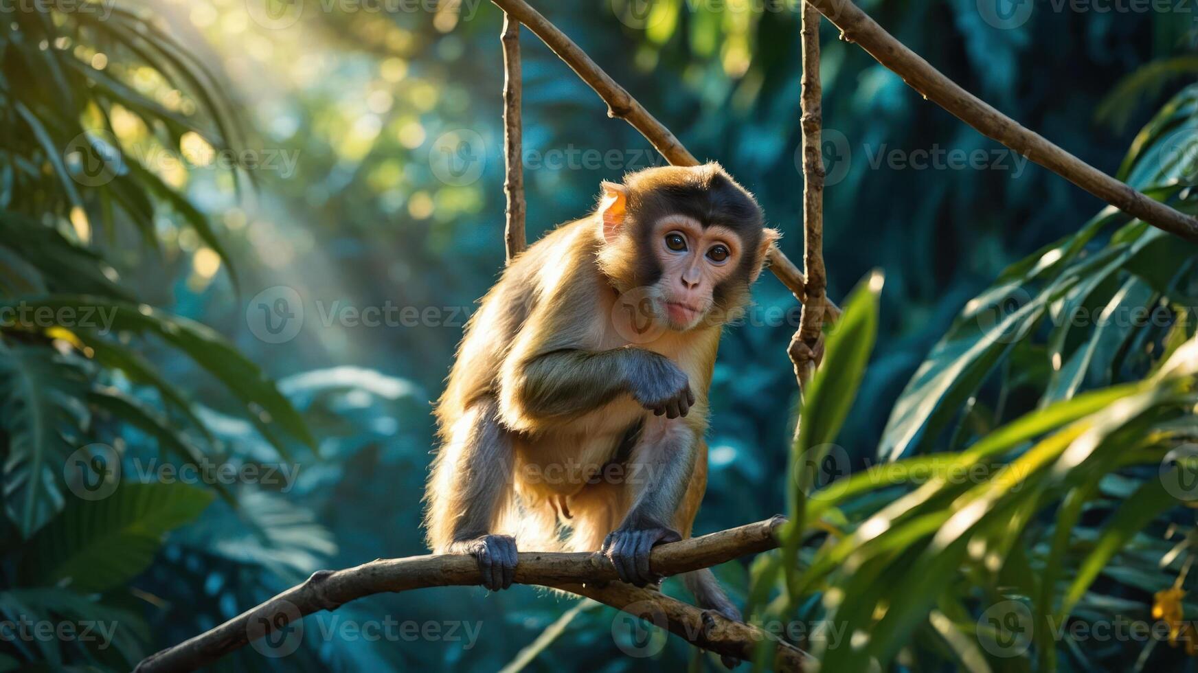 Monkey Sitting on Branch in Lush Jungle Setting photo
