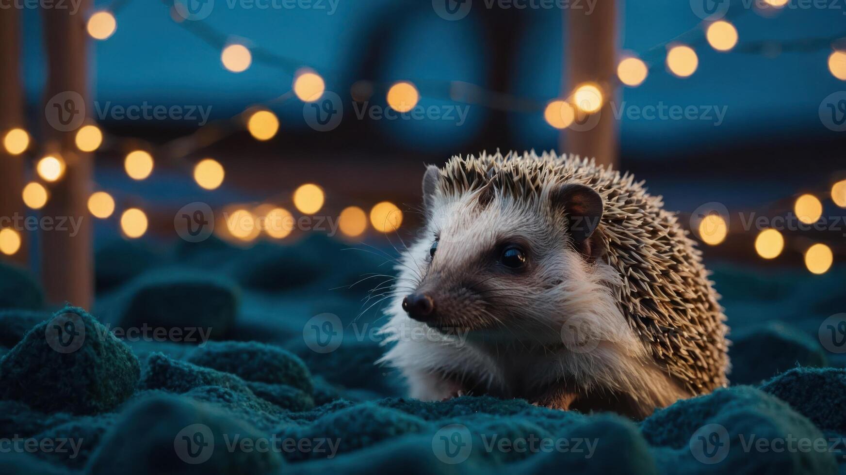 Hedgehog Sitting on Green Surface with String Lights photo