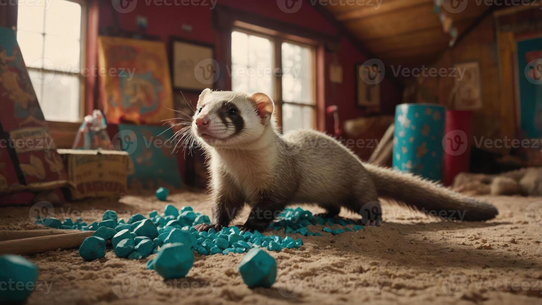 Ferret Walking on Sand with Blue Geometric Shapes photo
