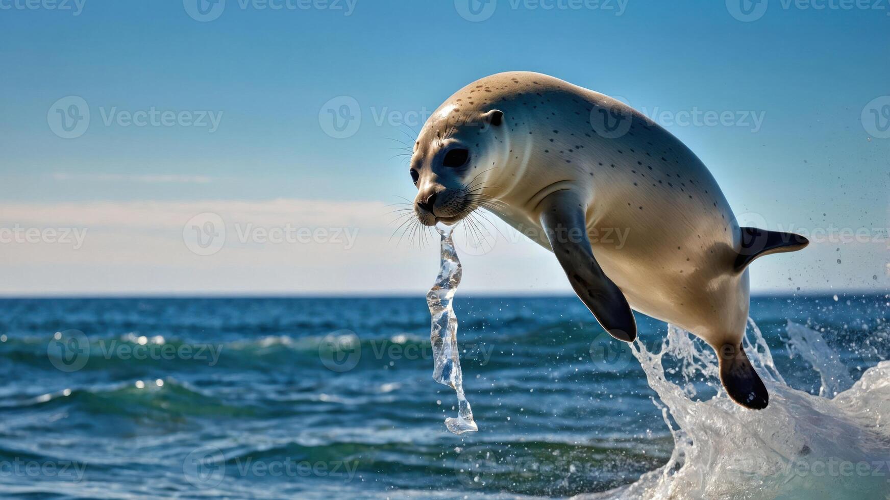 Seal Leaping From Ocean Water with Splash Against a Clear Sky photo
