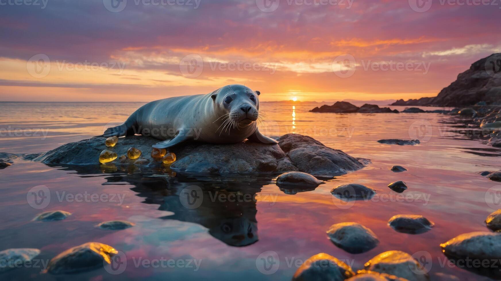 Seal Resting on Rock at Ocean Sunset Reflecting in Water photo