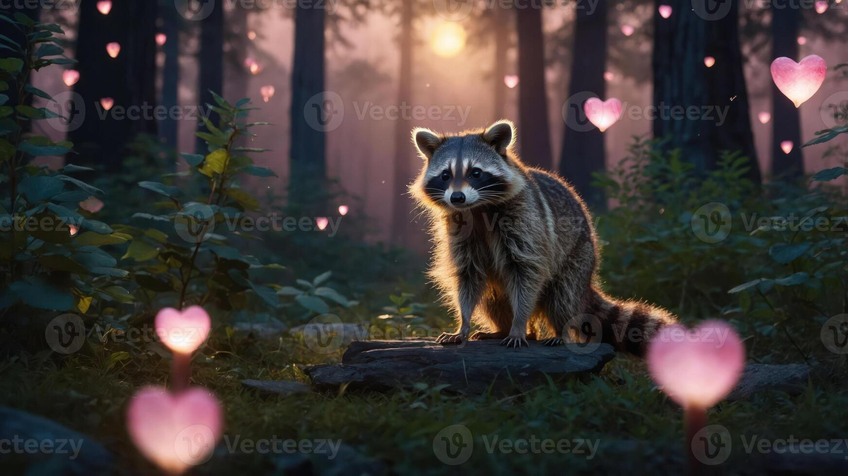 Raccoon Standing in a Forest Filled with Glowing Heart Shapes photo