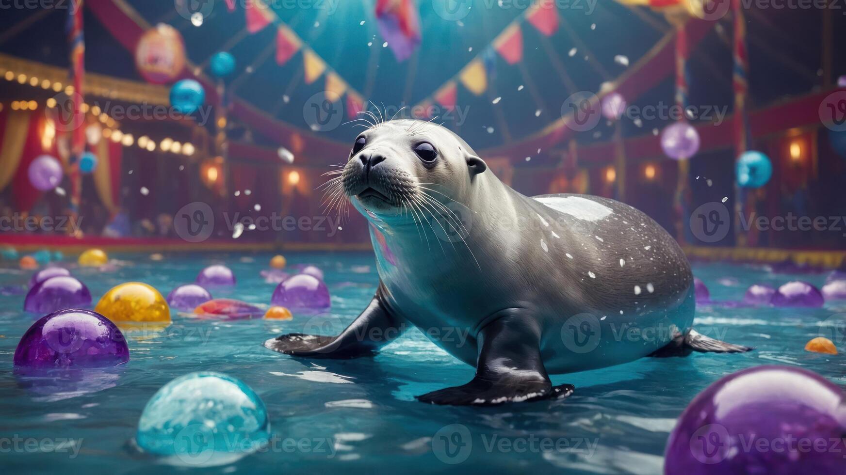 Seal Swimming in Water with Colorful Decorations and Festive Ambiance photo