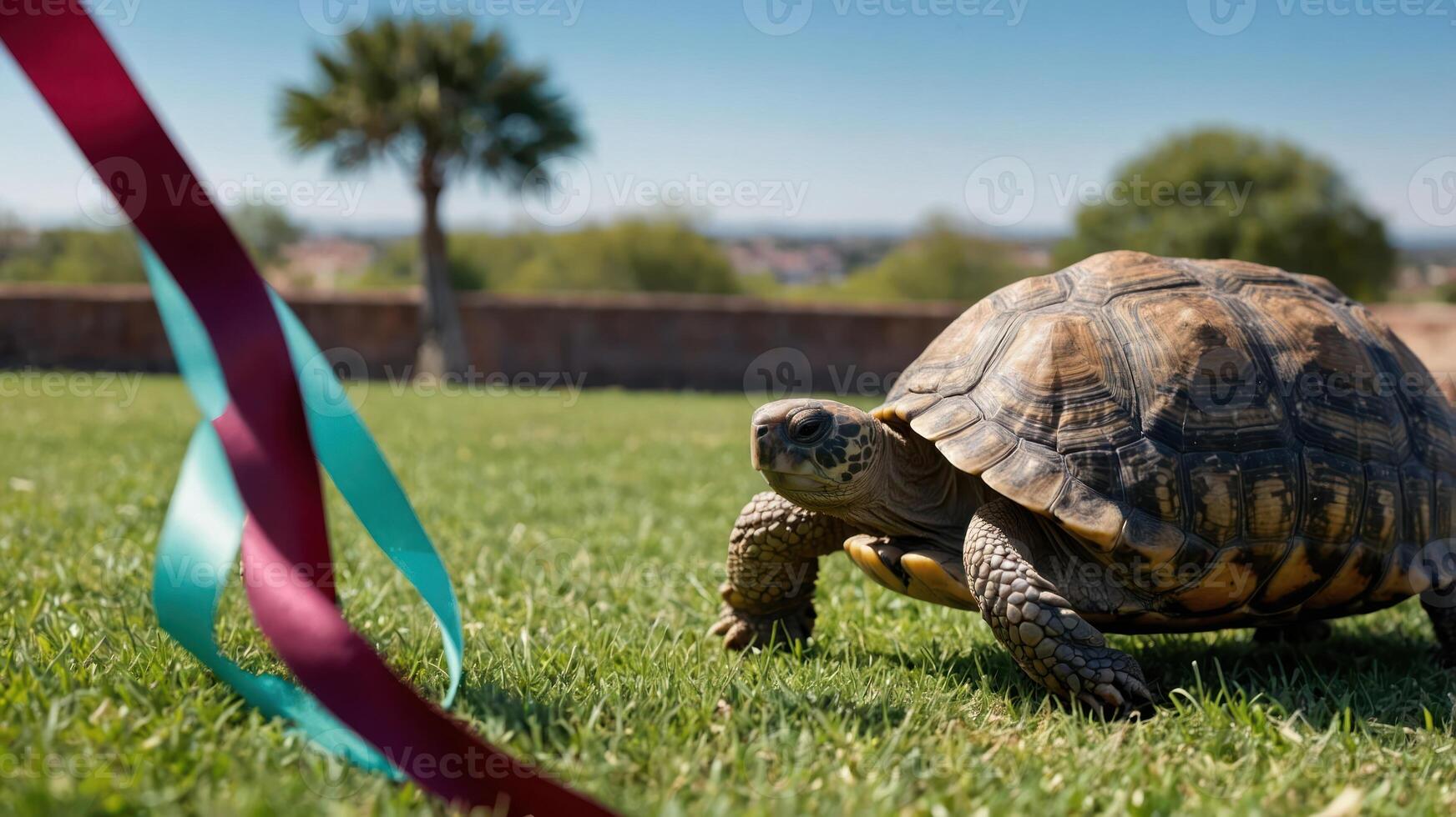 Turtle Reaching Ribbon Finish Line on Green Grass Under Blue Sky photo