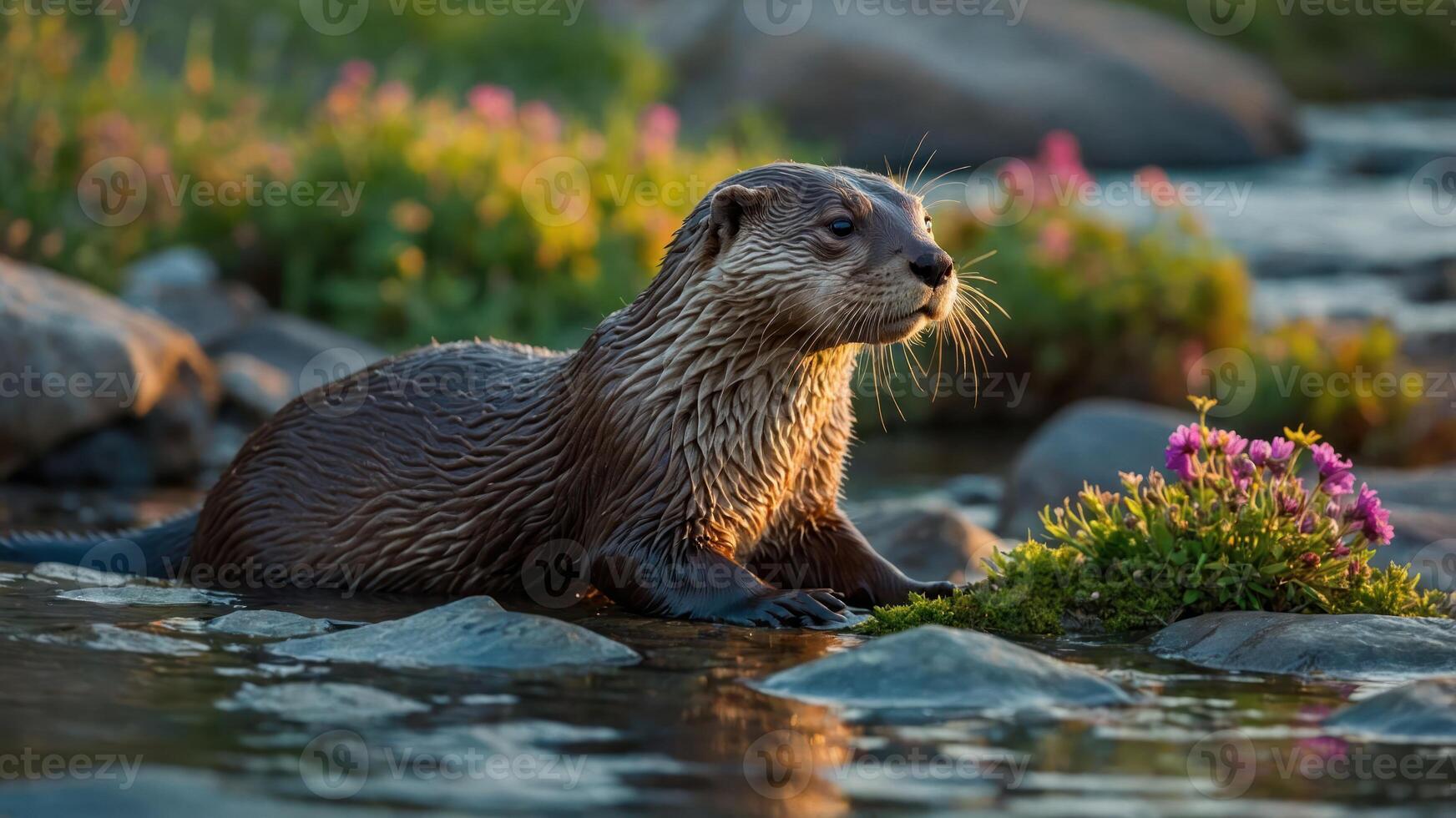 Otter Resting on Rocks by a River with Wildflowers photo