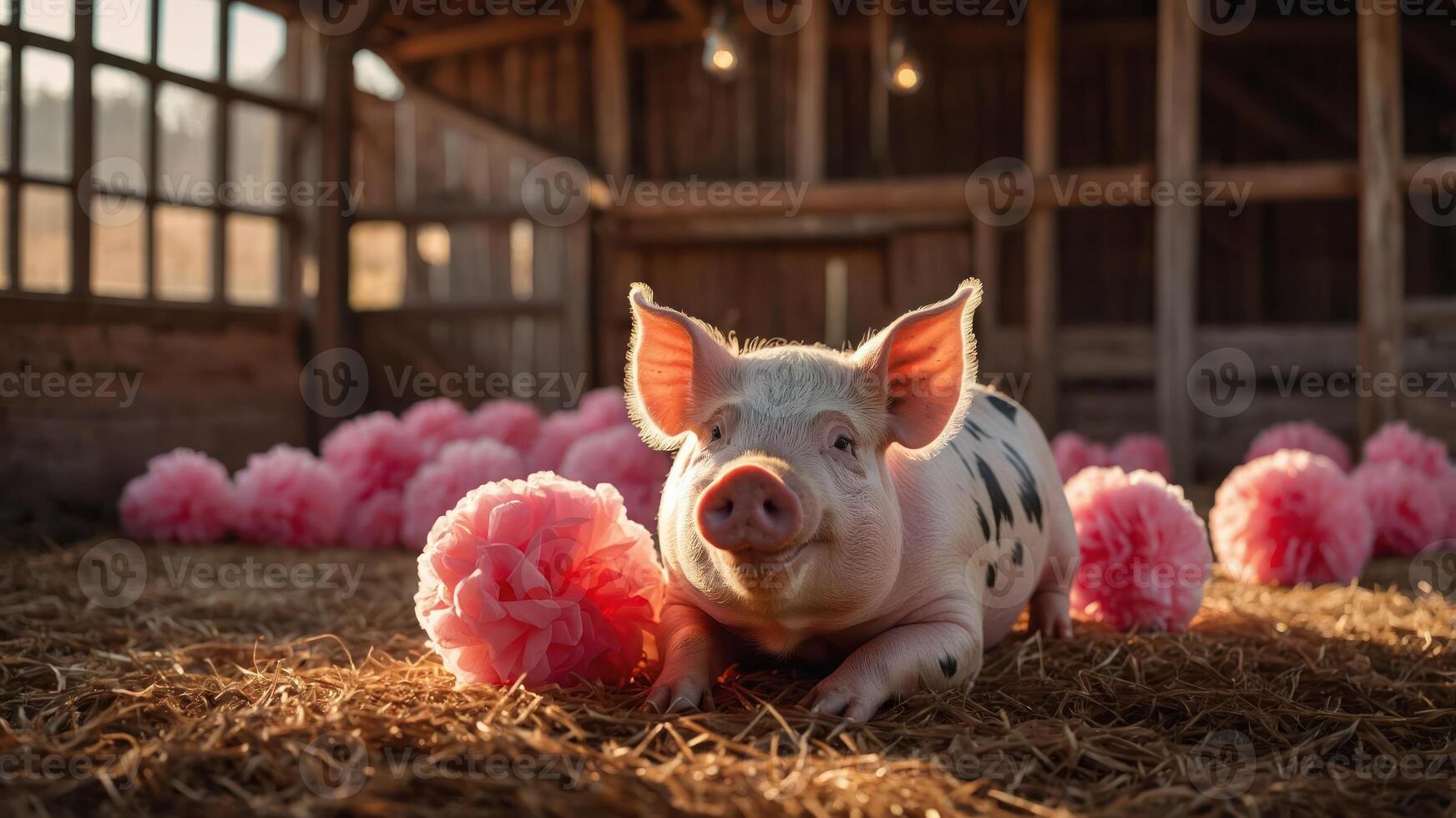 Pig Resting on Straw with Pink Pom Poms in Barn photo