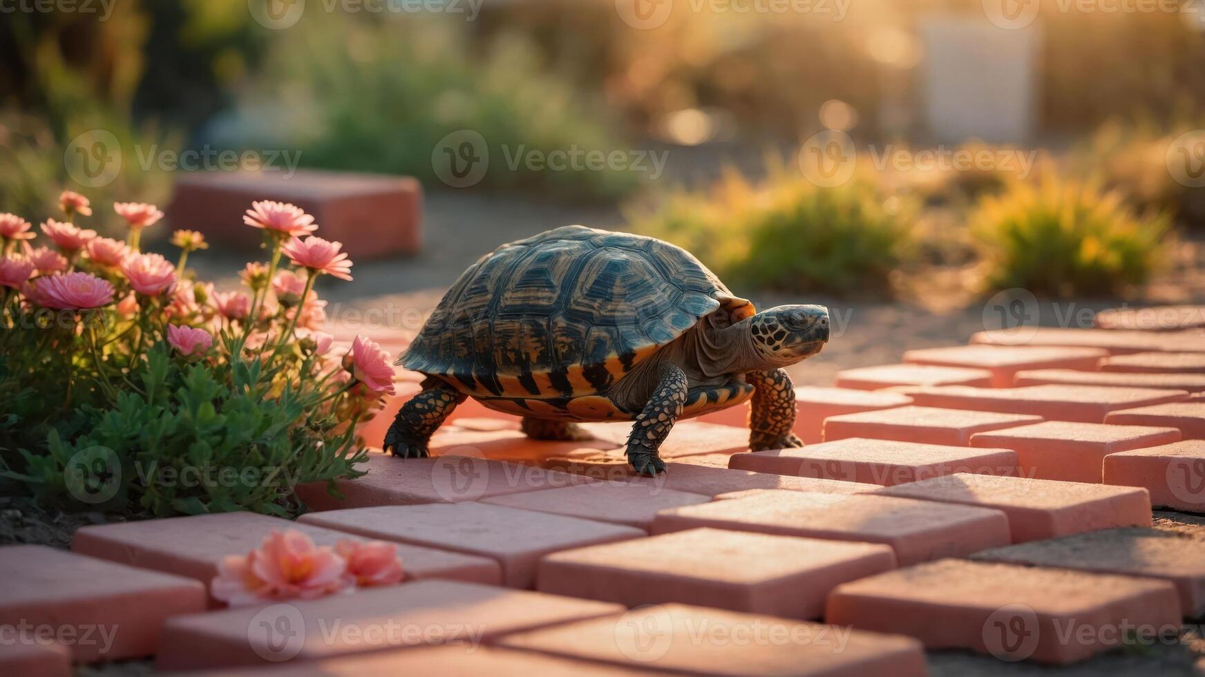 Turtle Walking on Brick Path in Garden at Sunset photo