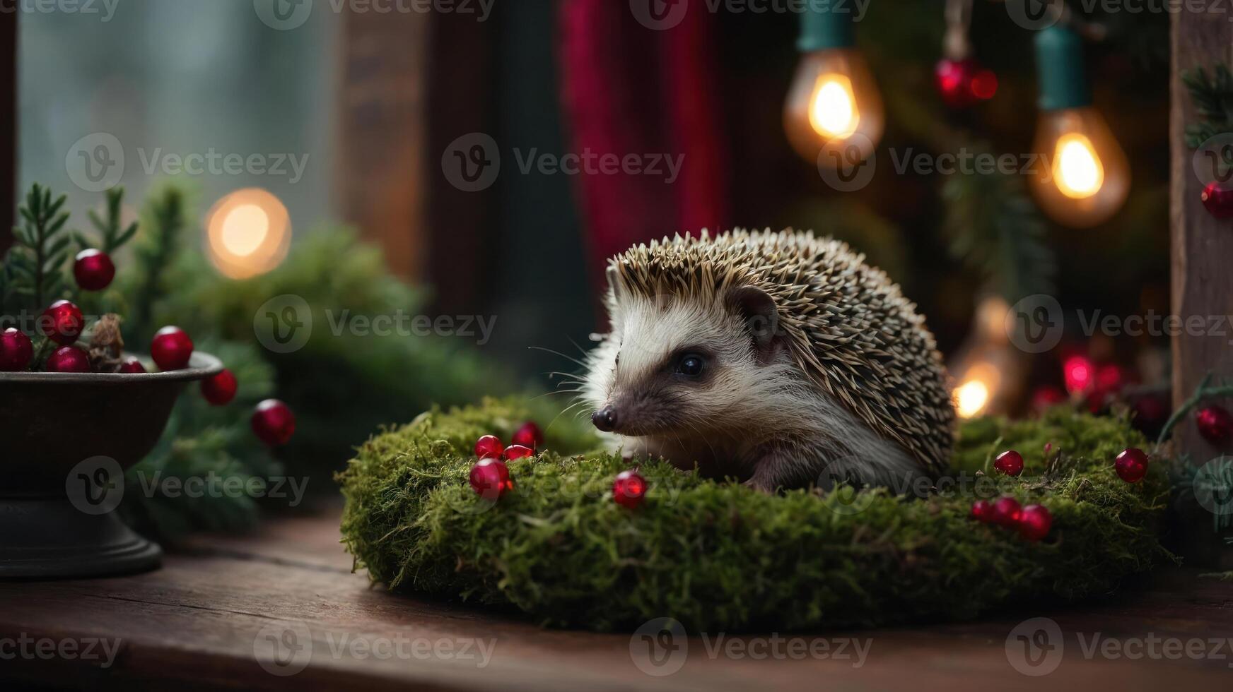 Hedgehog in Festive Moss Wreath with Berry Accents photo