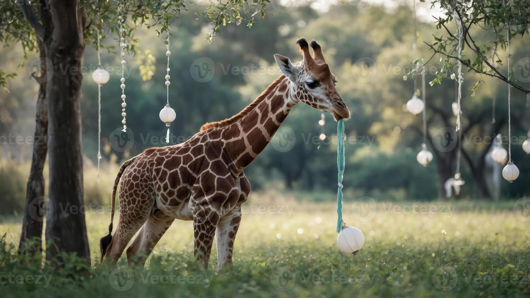 Giraffe Playing with Decoration in Grassy Field photo