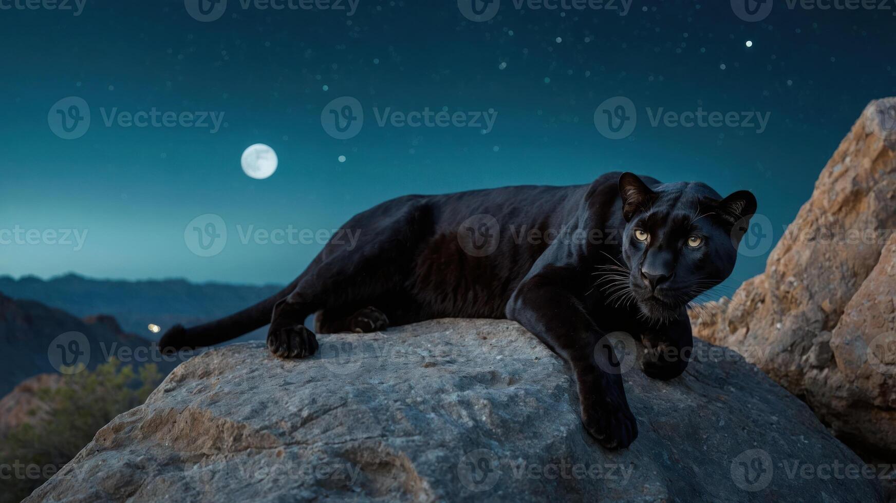 Black Panther Resting on Rock Under Starry Night with Full Moon photo