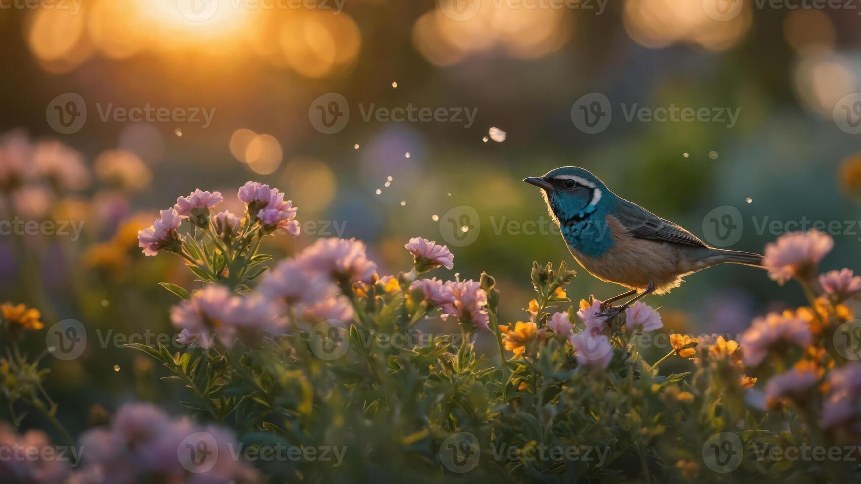 Bird Perched on Flowers in a Meadow Bathed in Golden Sunlight photo