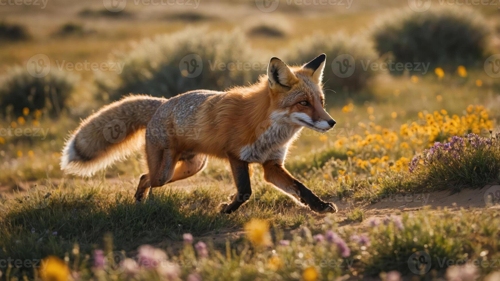 Fox Running Through Wildflower Meadow in Golden Sunlight of Late Afternoon photo