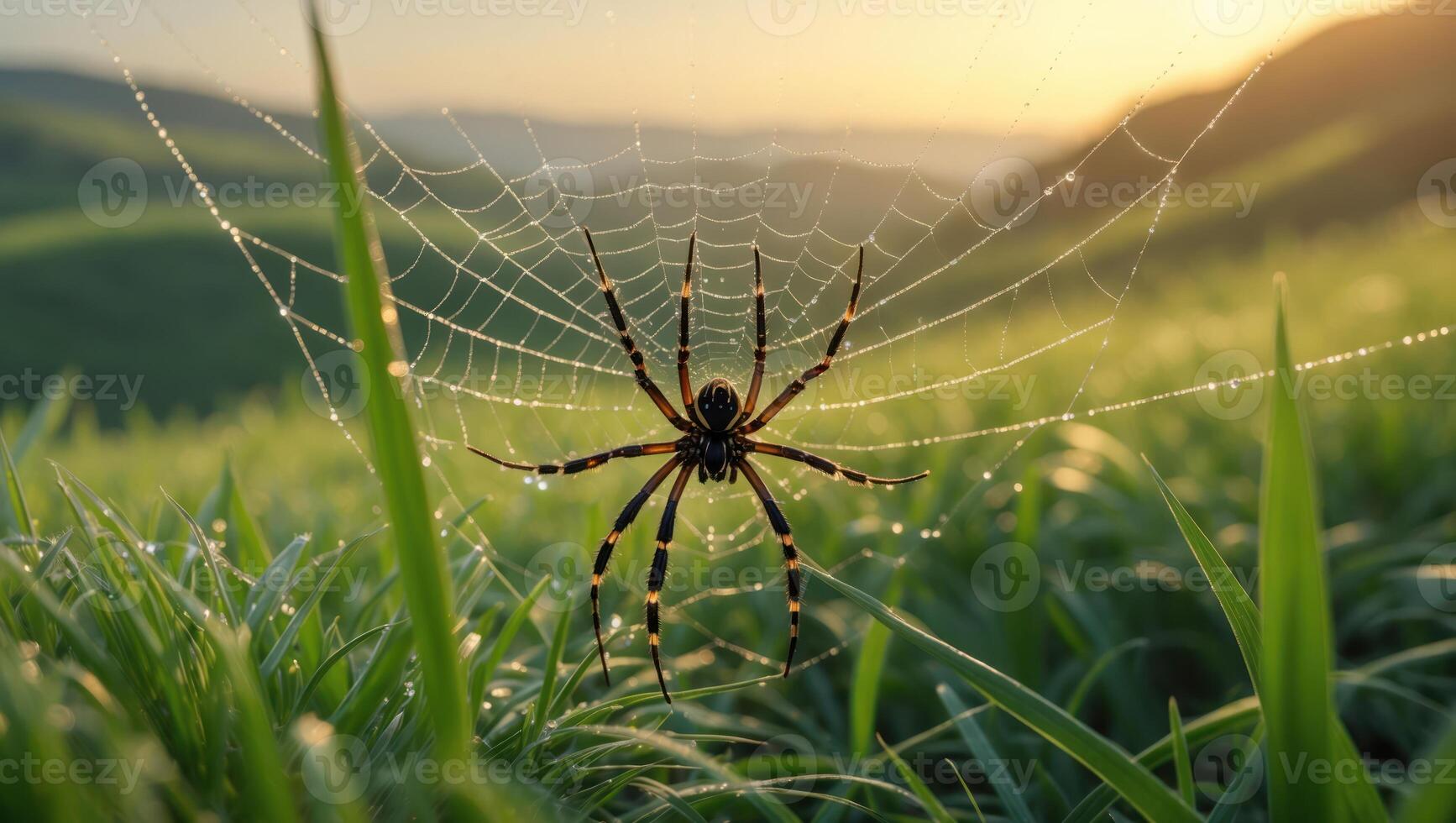 Spider Web with Dew in Grassy Field at Sunrise photo