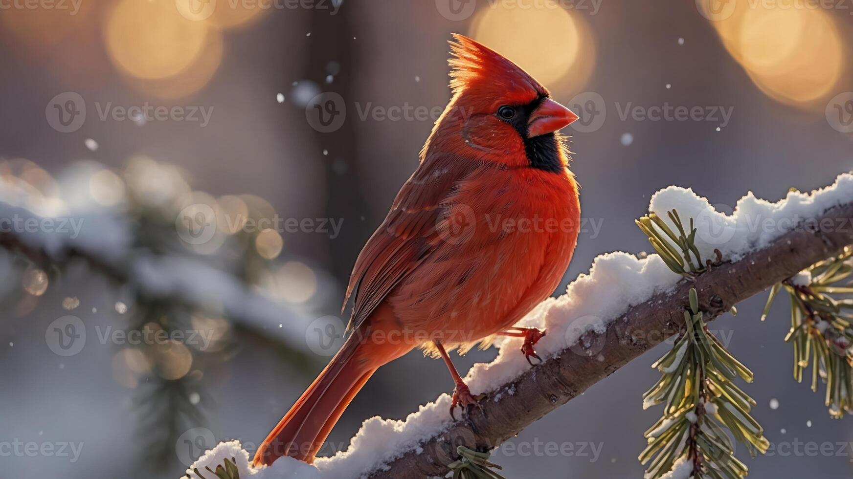 Cardinal Bird Perching on Snow Covered Branch in Winter Sunlight photo