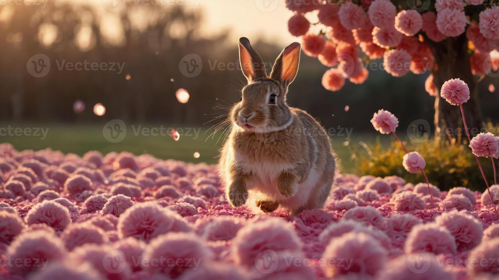 Rabbit Running in Field of Pink Pompom Flowers photo