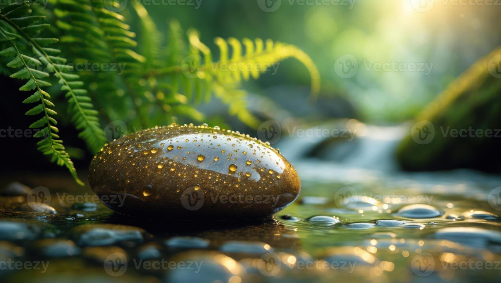 Wet Stone by Stream with Fern and Sunlight photo