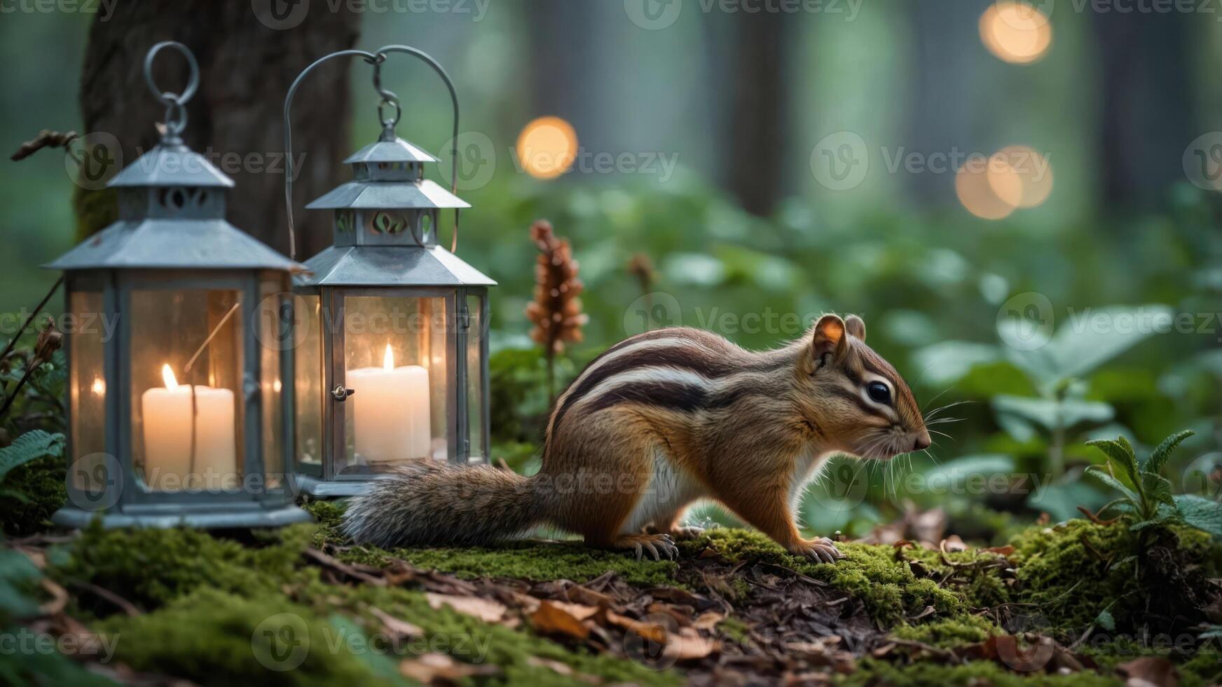 Chipmunk in Forest with Candle Lanterns Exploring Nature photo