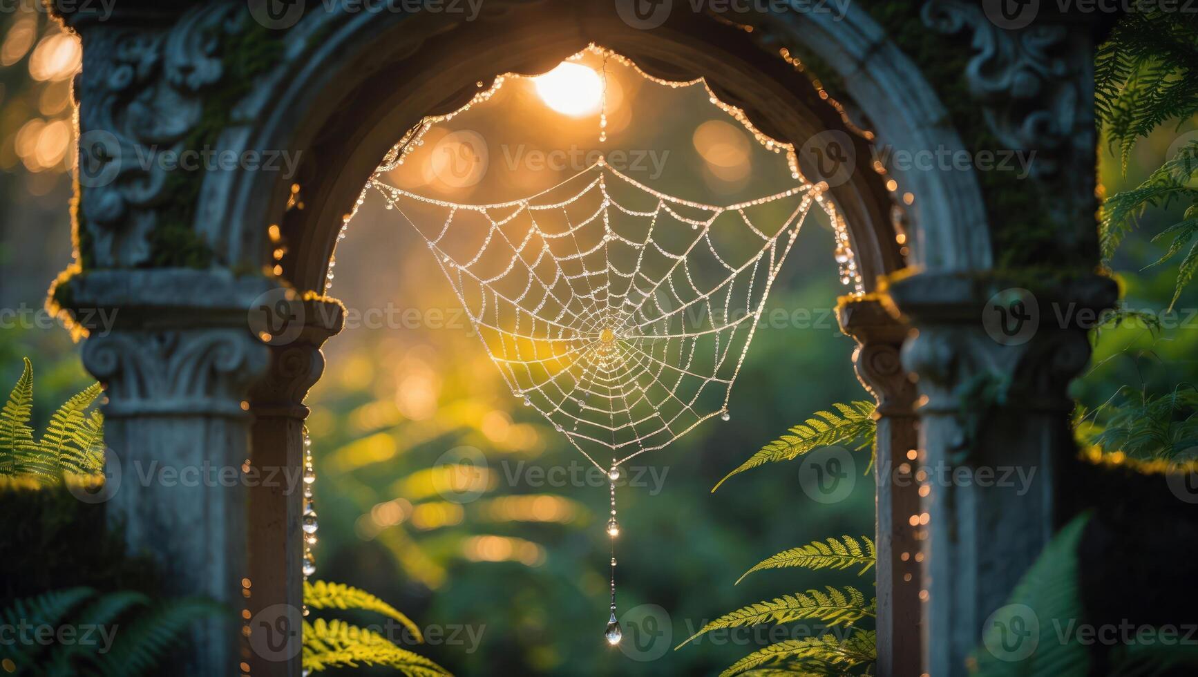 Sparkling Web with Dewdrops in Forest Archway photo