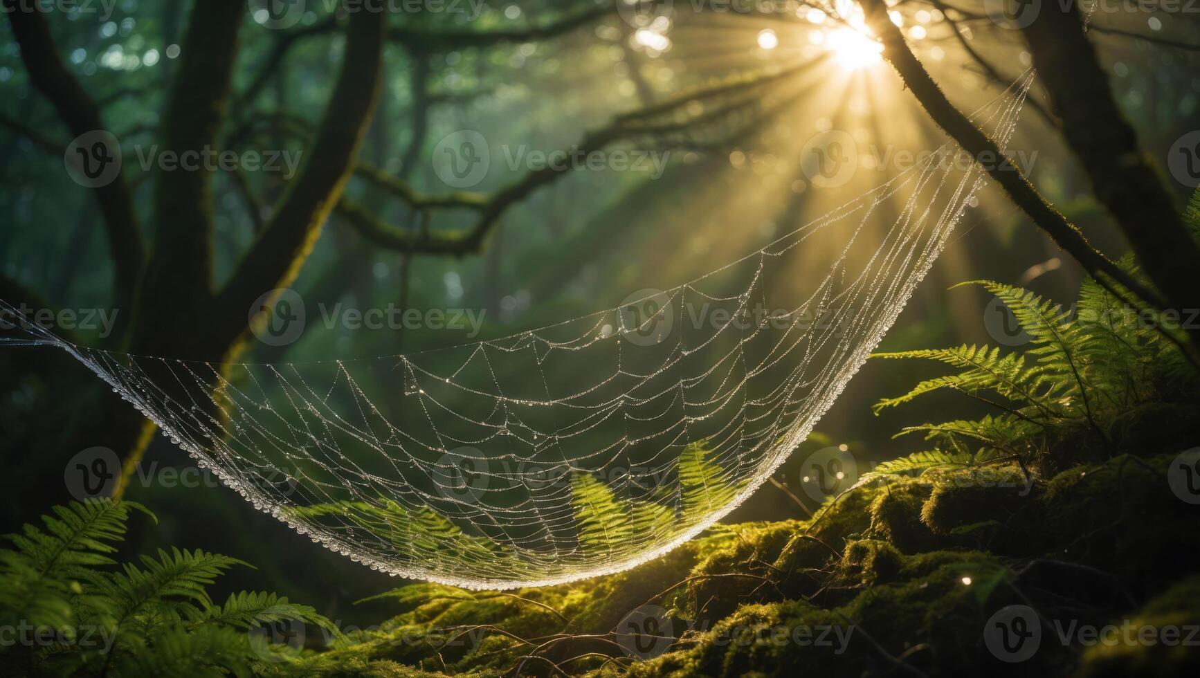 Spiderweb in Forest with Ferns and Sunlight Streaming Through photo