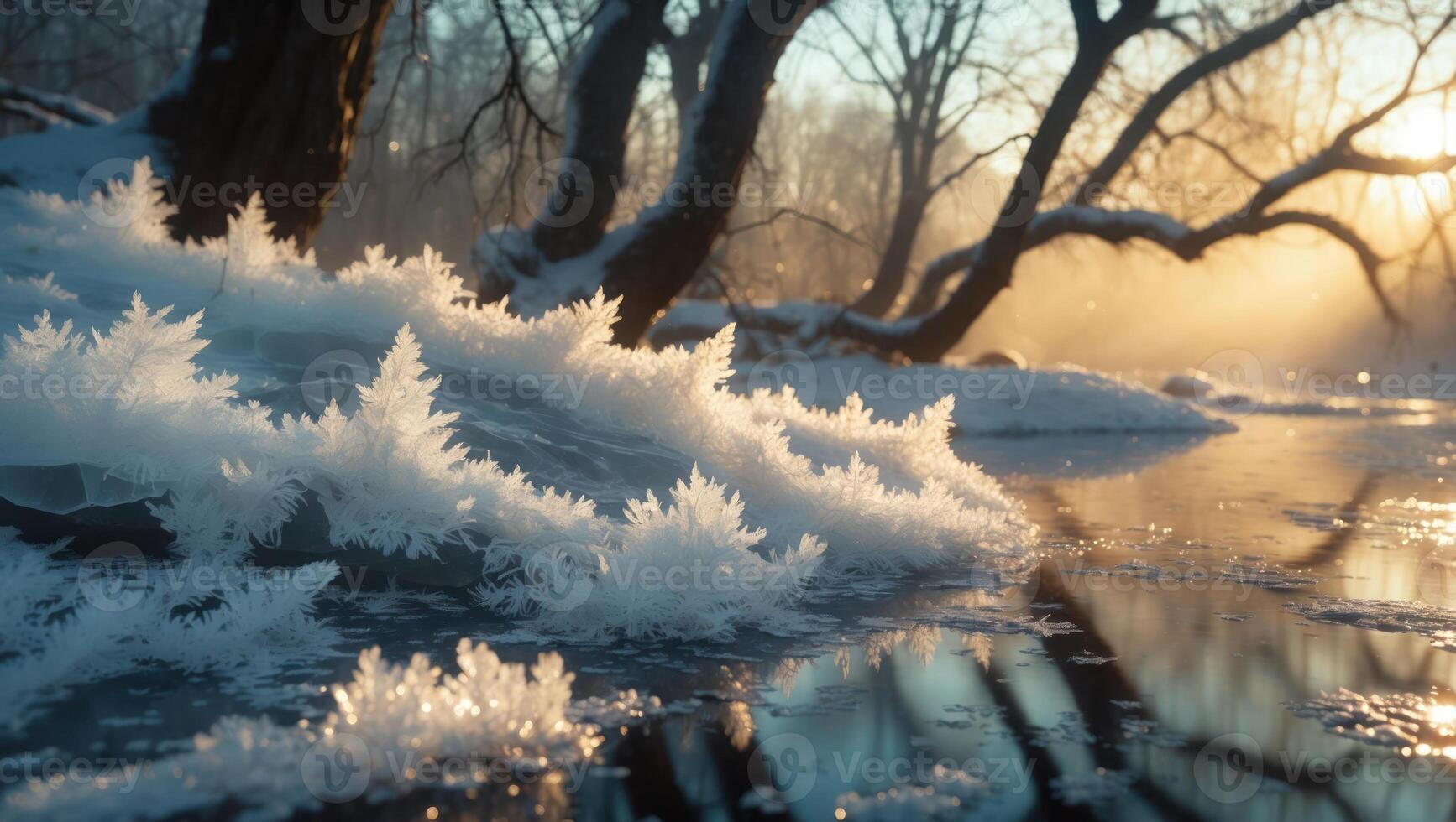 Icy Riverbank at Sunrise with Snow Crystals photo