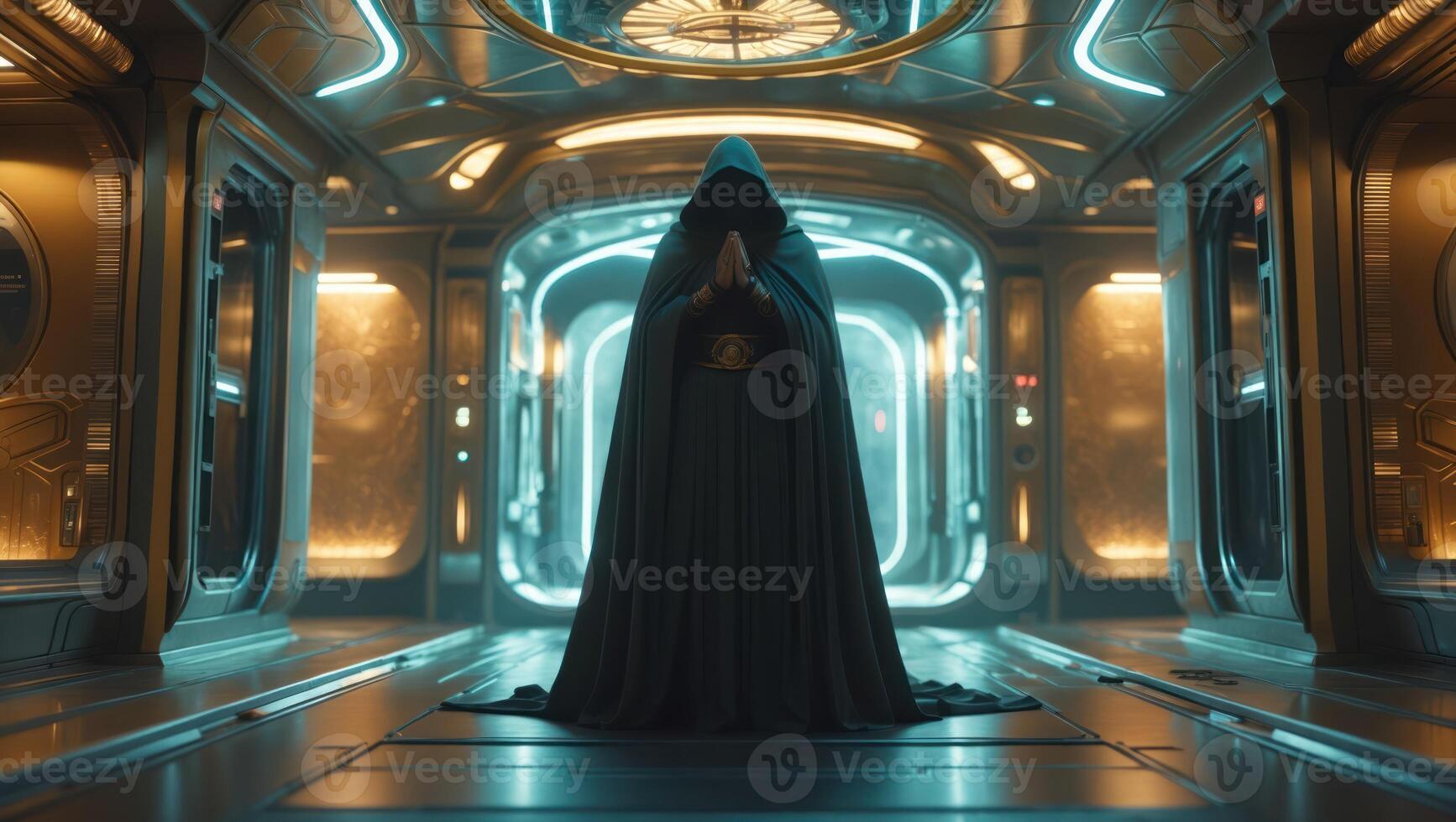 Person in Cloak Standing Inside a Futuristic Corridor photo