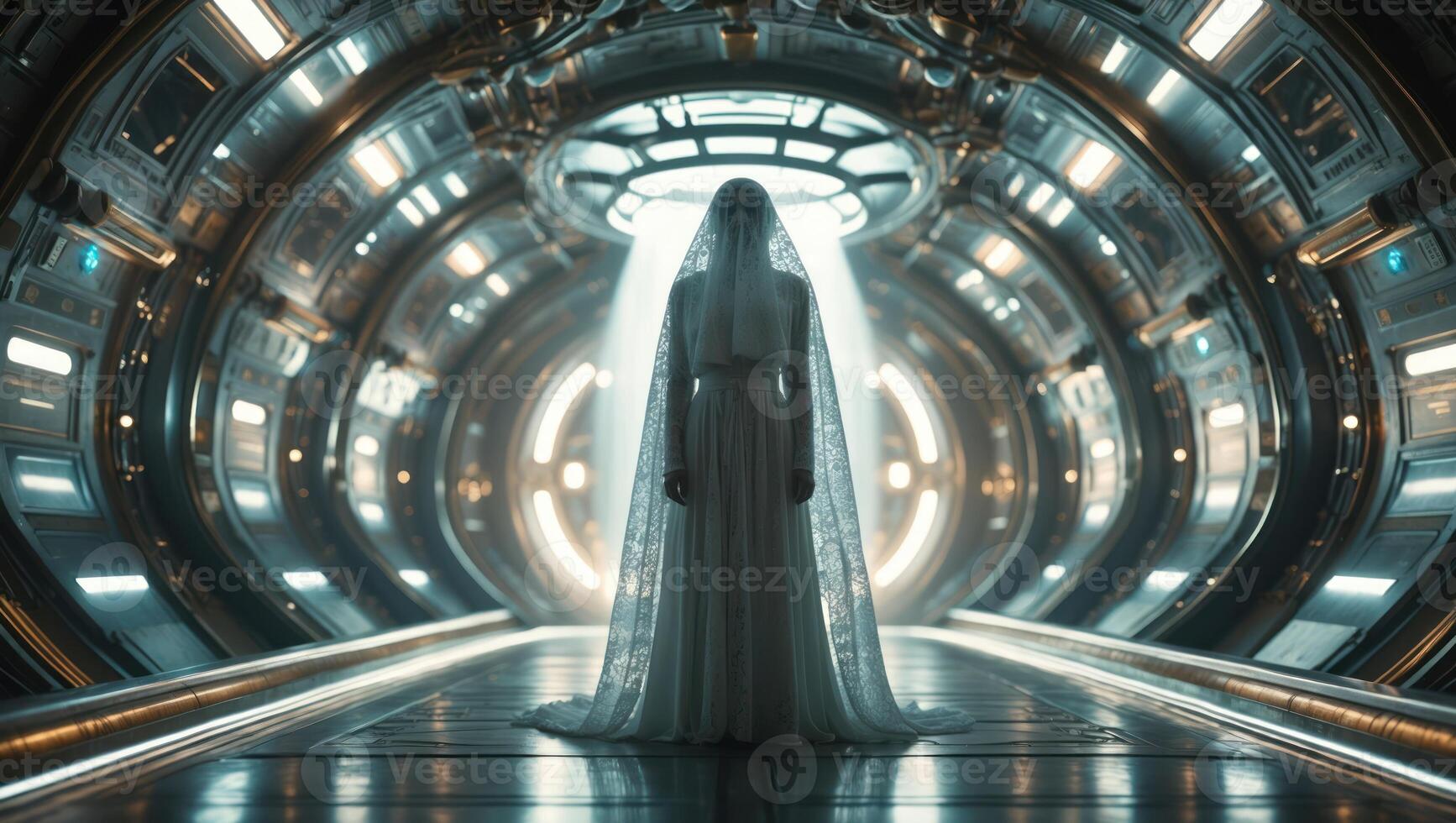 Figure Draped Standing in Illuminated Space Tunnel photo