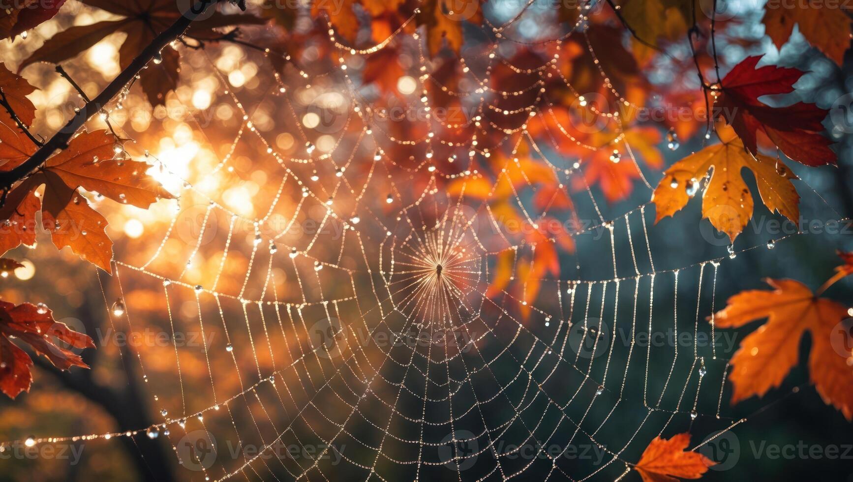 Spiderweb with Dew Drops and Autumn Leaves in Sunlight photo
