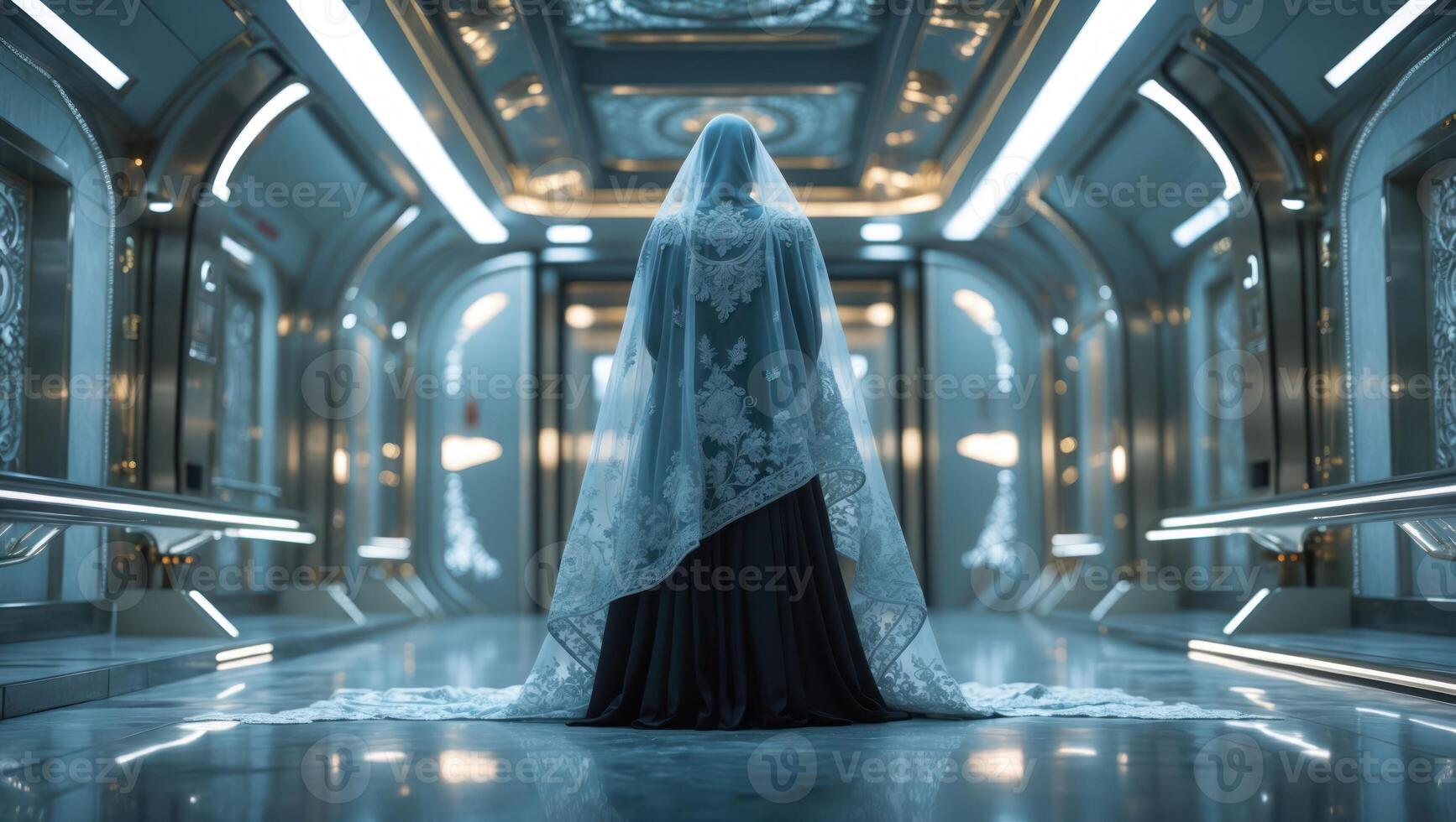 Figure in Veil Standing in Modern Corridor photo
