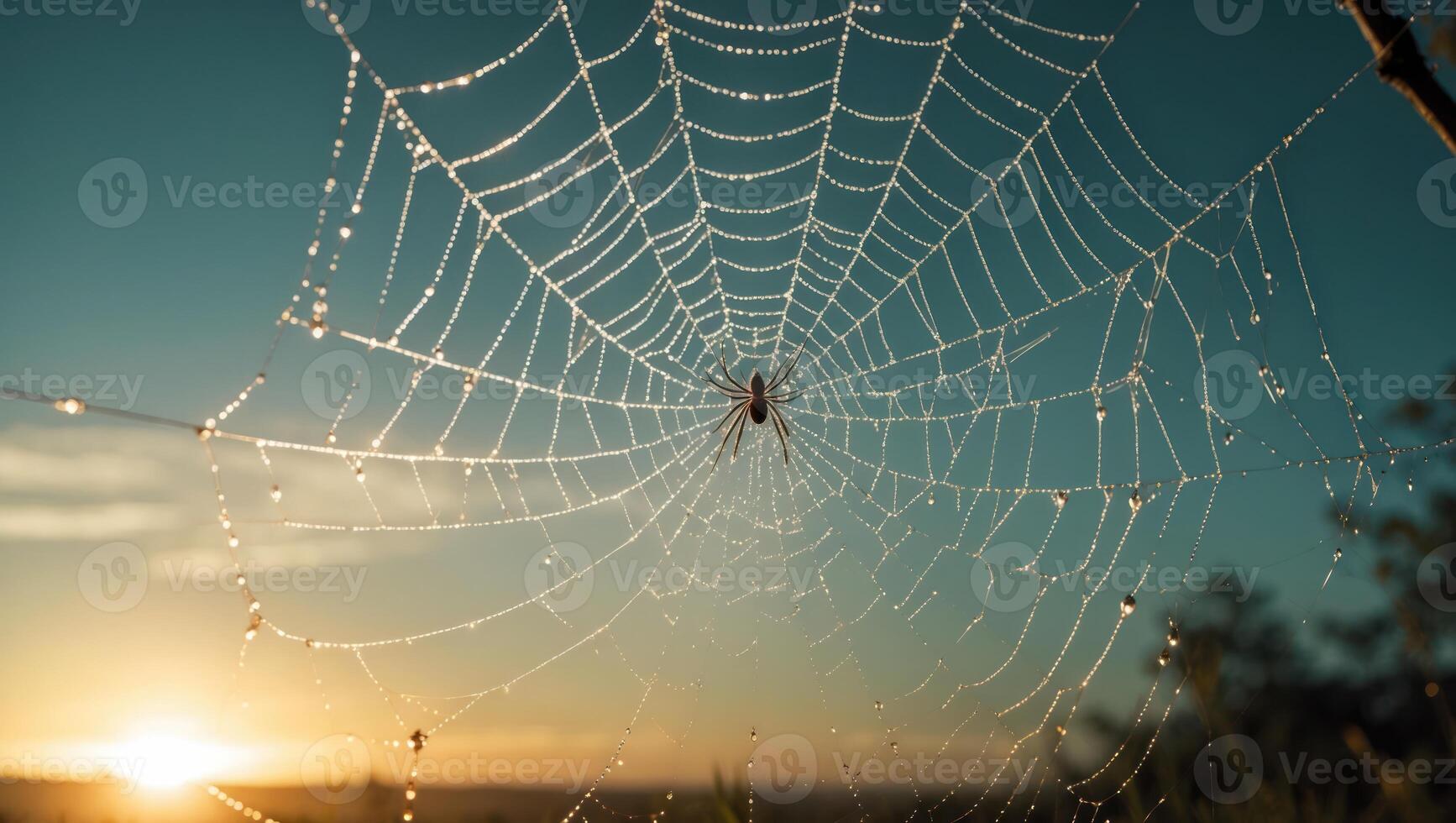 Spider in Dew-covered Web at Sunrise with Blue Sky photo