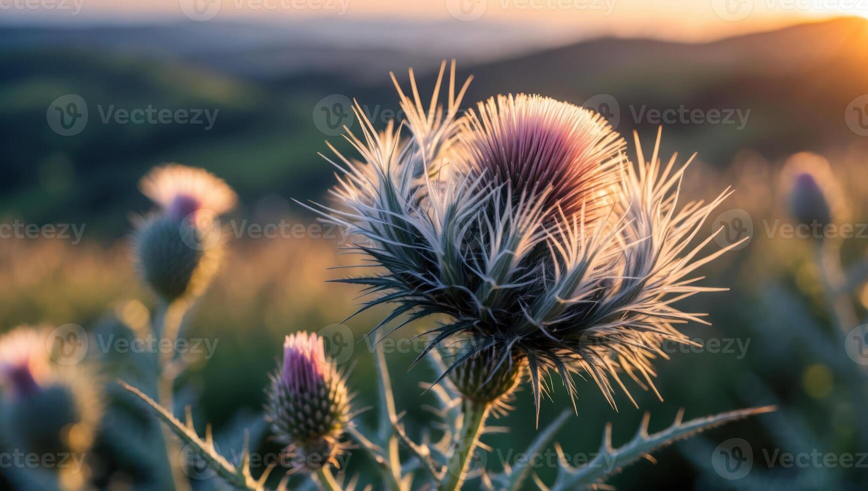 Thistle Flowers Blooming at Sunset in Mountain Meadow photo