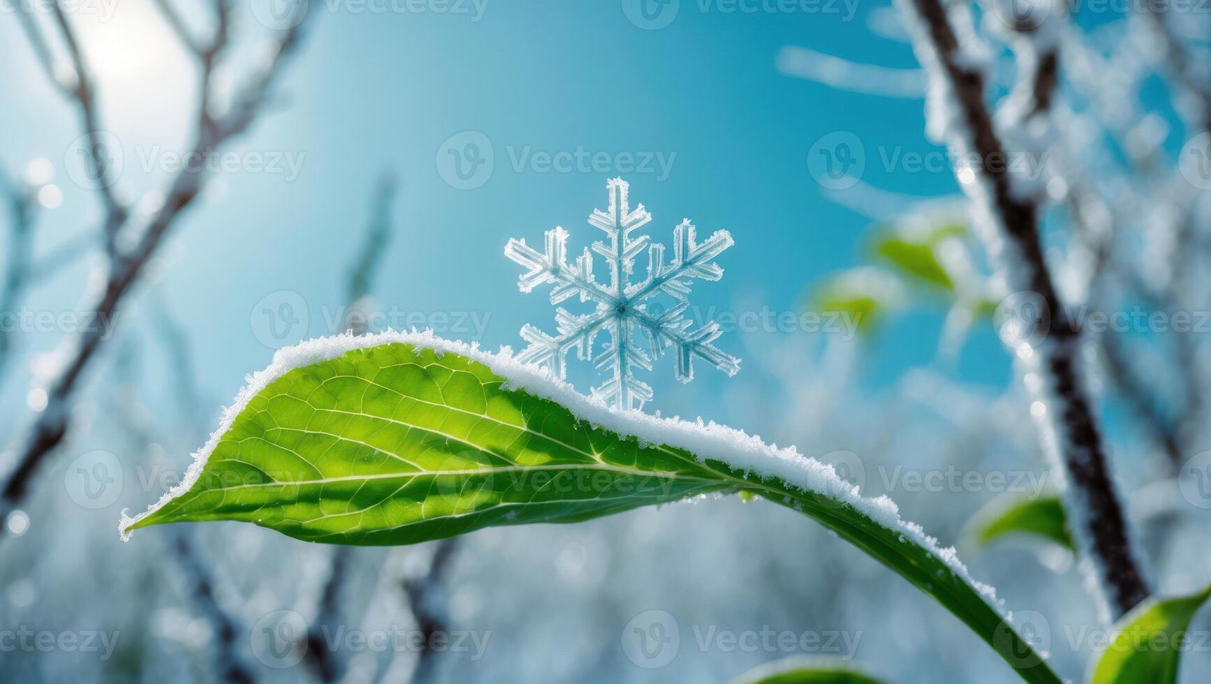 Snowflake Resting on Green Leaf in Bright Winter Sun photo
