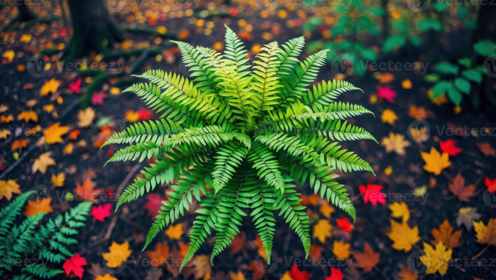 Fern Growing Among Autumn Leaves on Forest Floor photo
