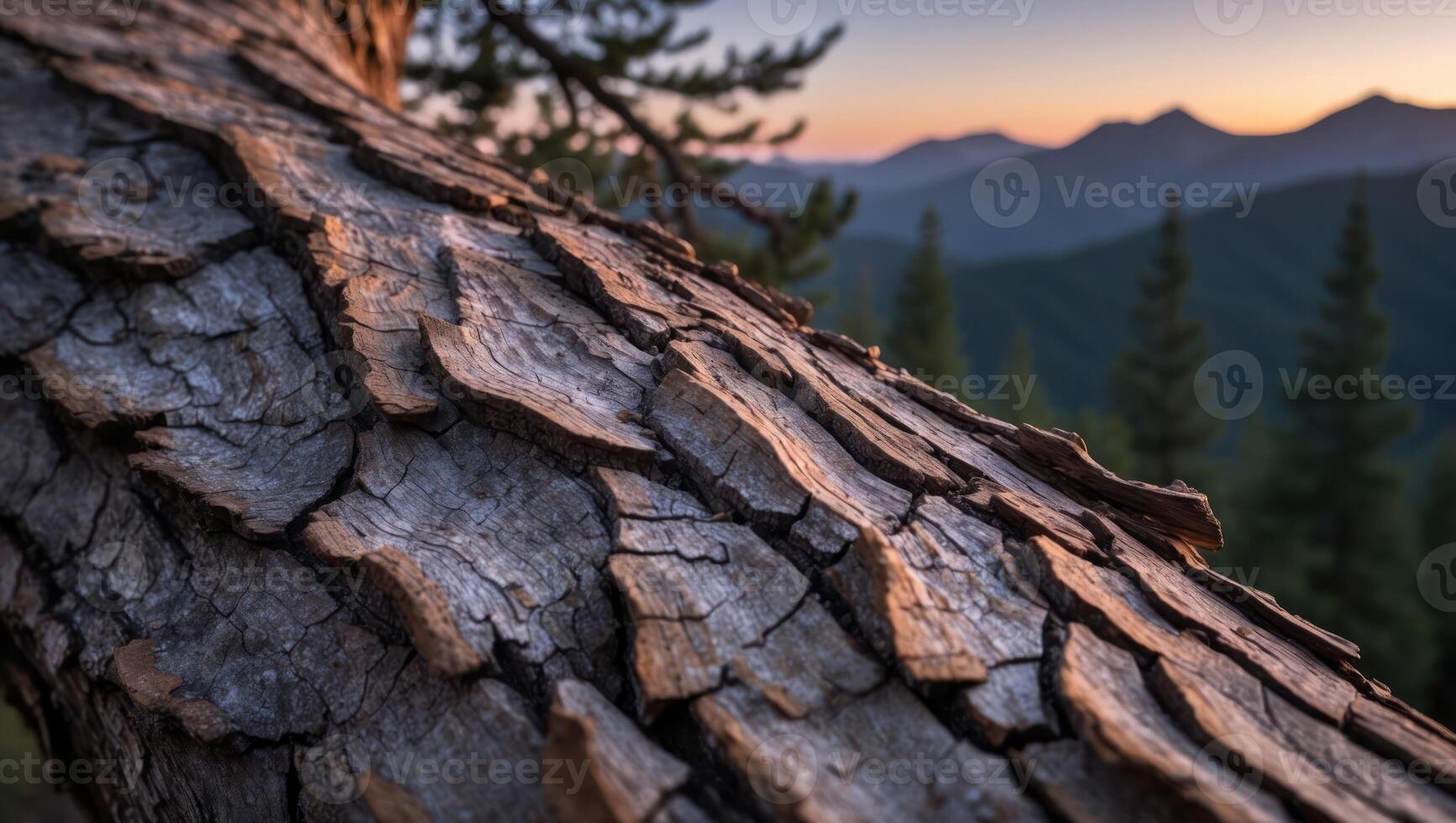 Close Up Tree Bark with Mountain View at Dusk Serene Landscape photo