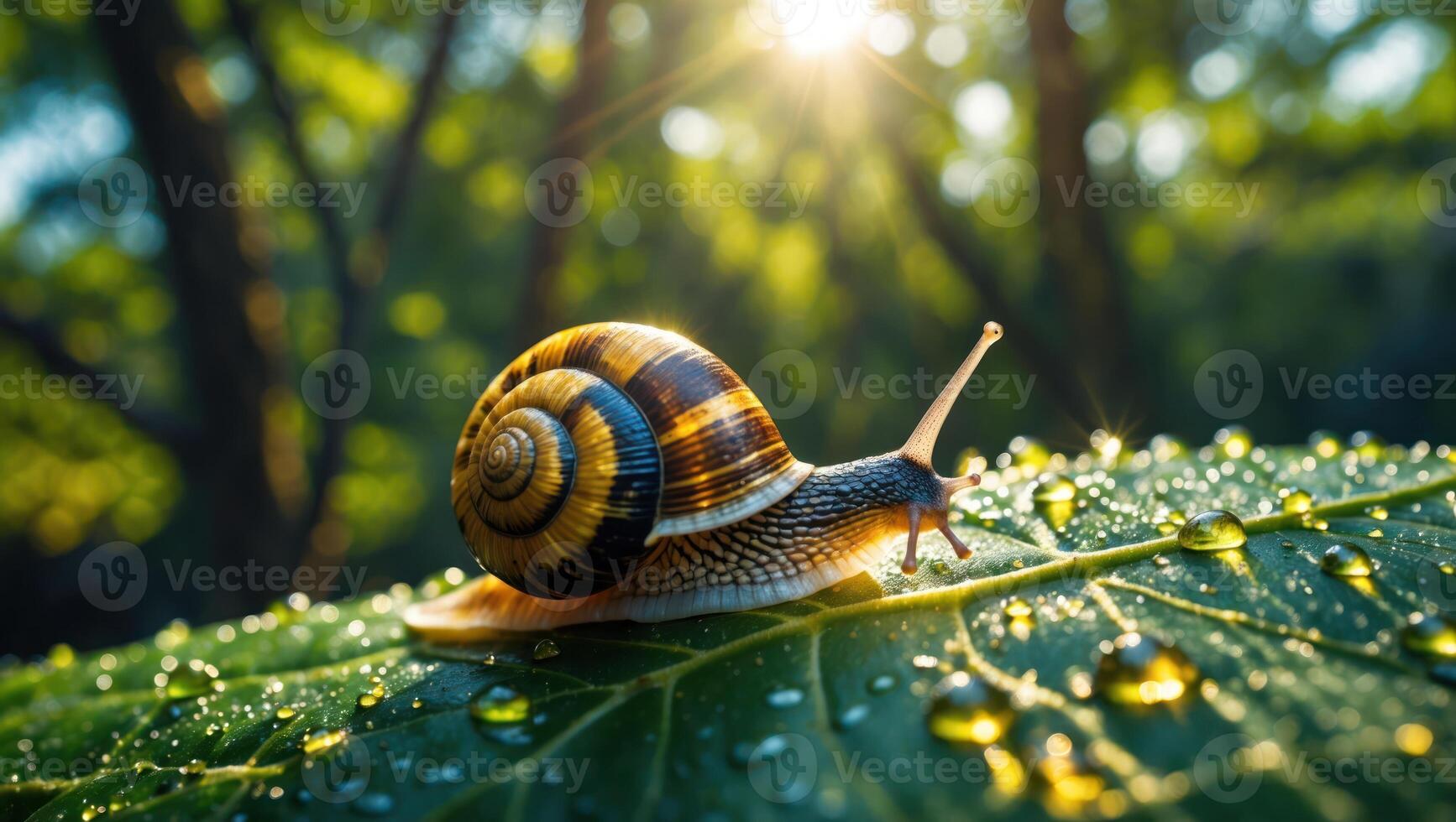 Snail Crawling on Dewy Green Leaf in Sunlight photo