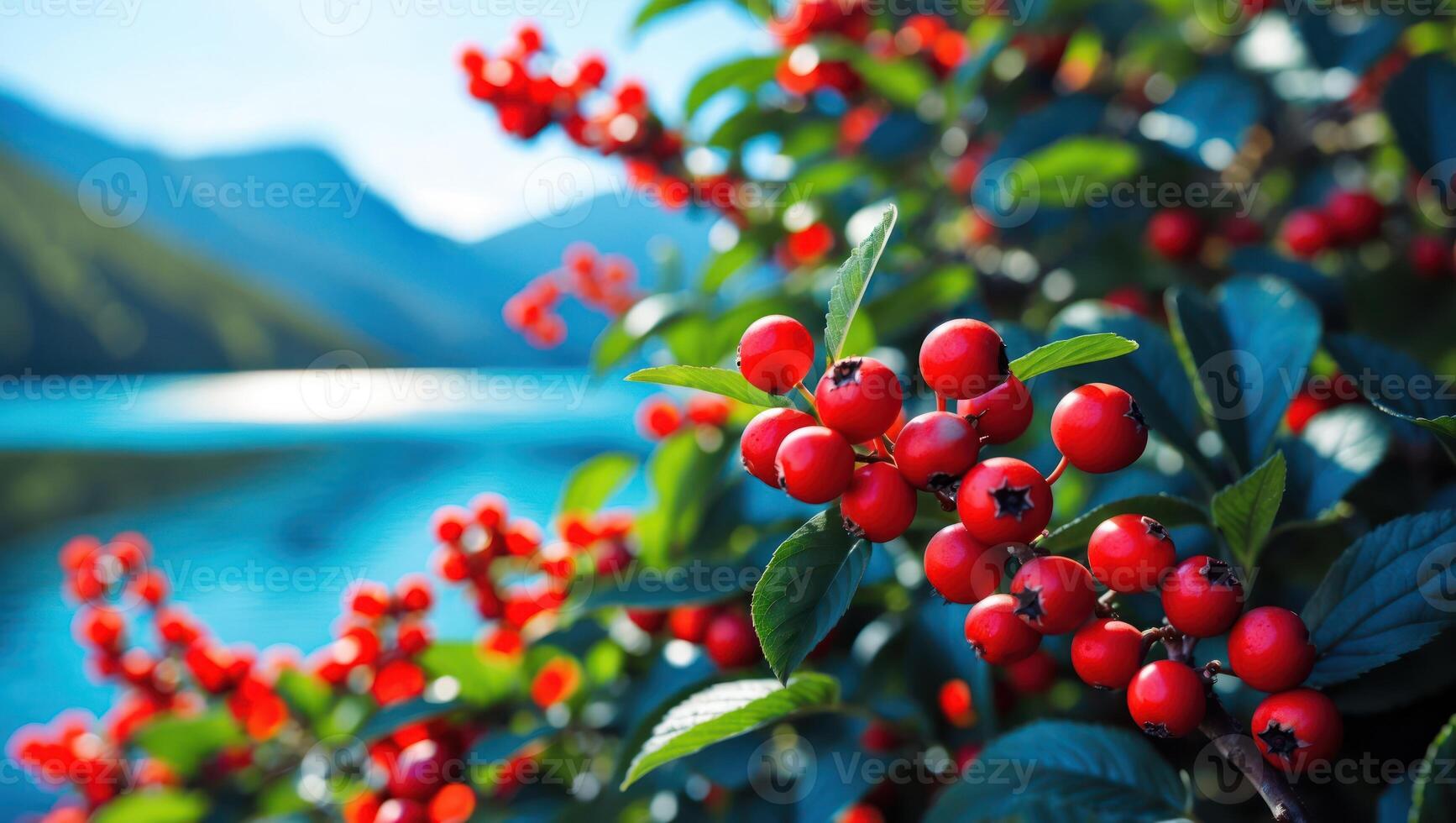 Red Berries on Bush with Lake and Mountain Backdrop photo