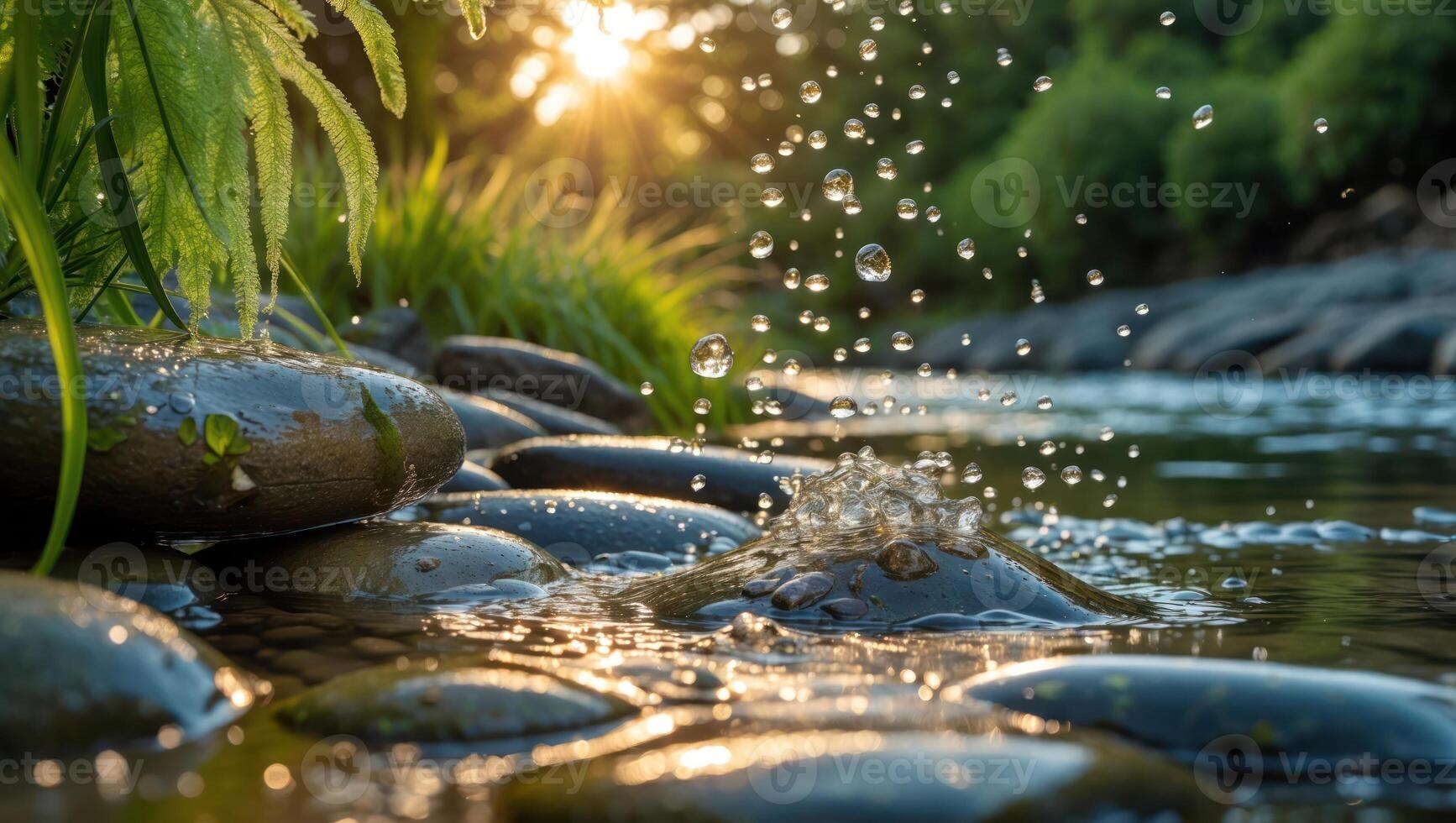 Water Droplets Falling Into River with River Stones photo
