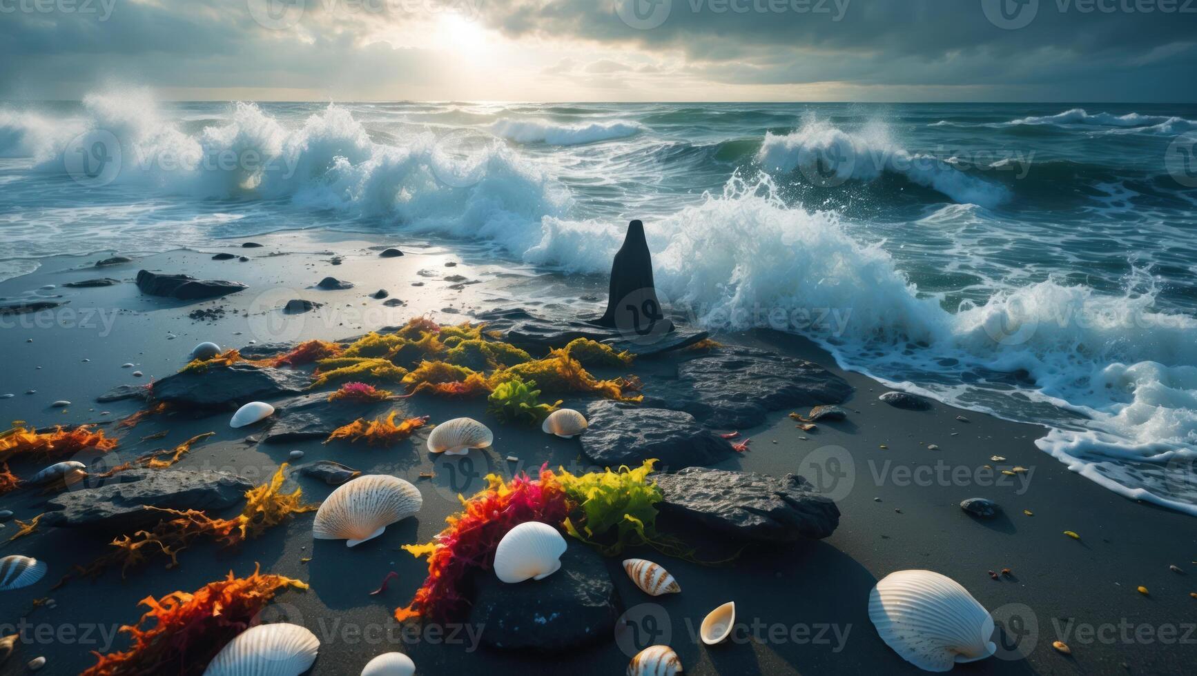 Waves Crashing on Rocky Shore with Seaweed and Shells photo