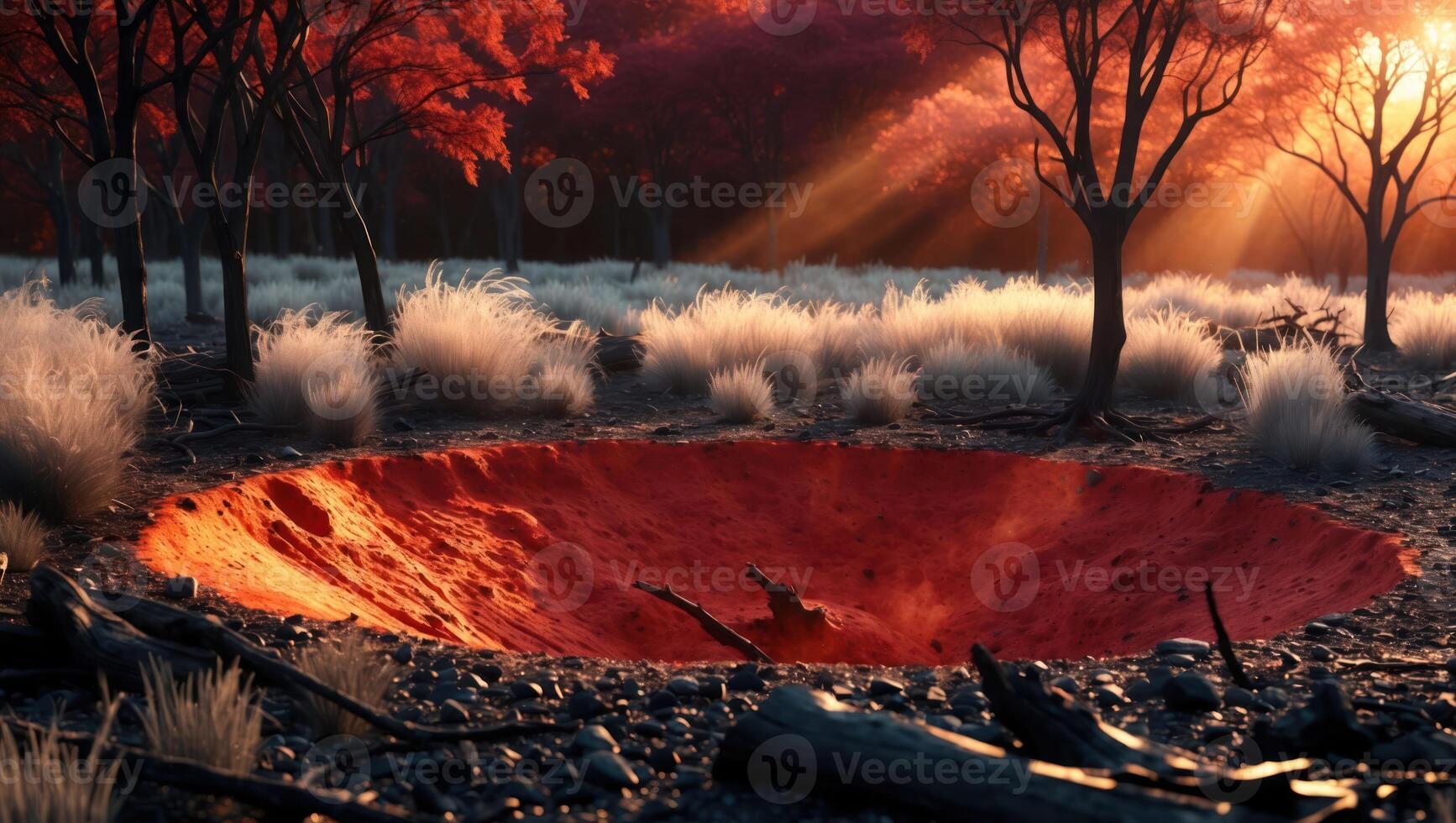 Unusual Red Crater Landscape with Forest Setting photo