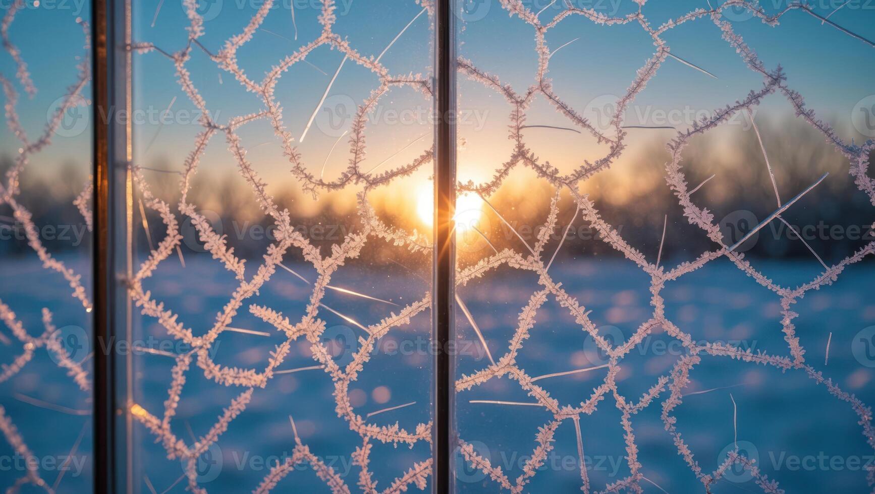 Sunrise Through Frosted Window Pane Creating Winter Pattern on Glass photo