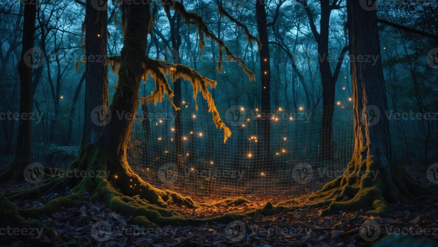 Glowing Lights in Dark Forest with Mossy Trees photo