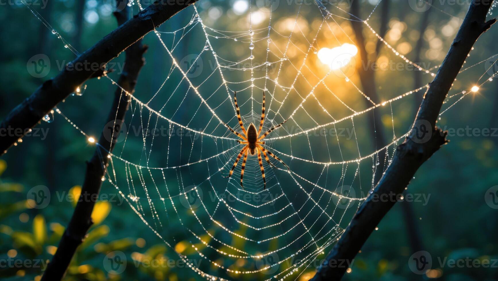 Spider Waiting in Web at Sunrise Dew Drops Highlight Intricate Design photo