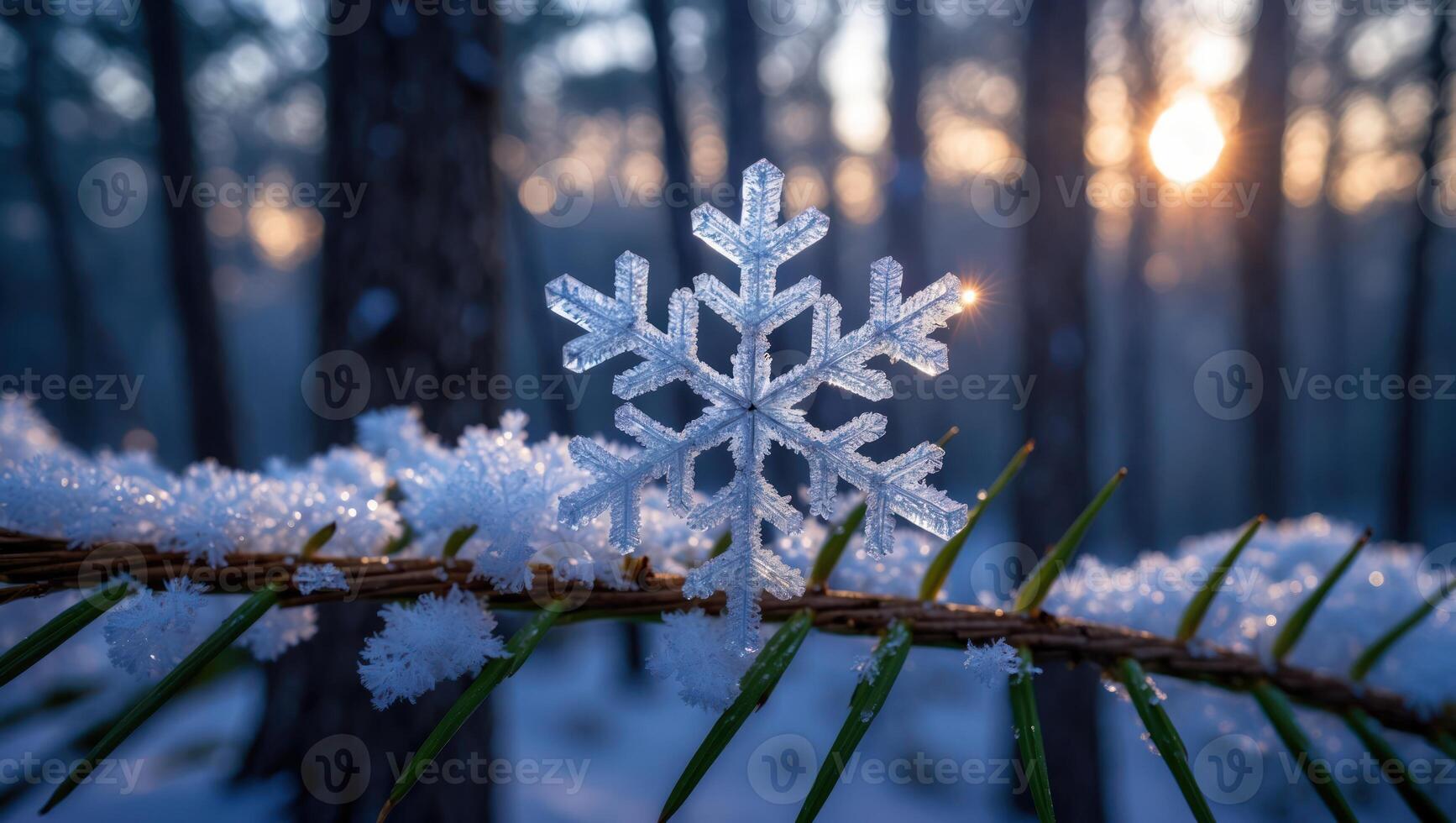 Snowflake on Branch with Sunlight in Winter Forest photo