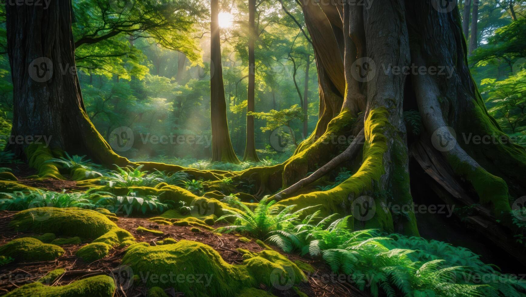 Walking Through a Lush Green Forest with Sunlight photo