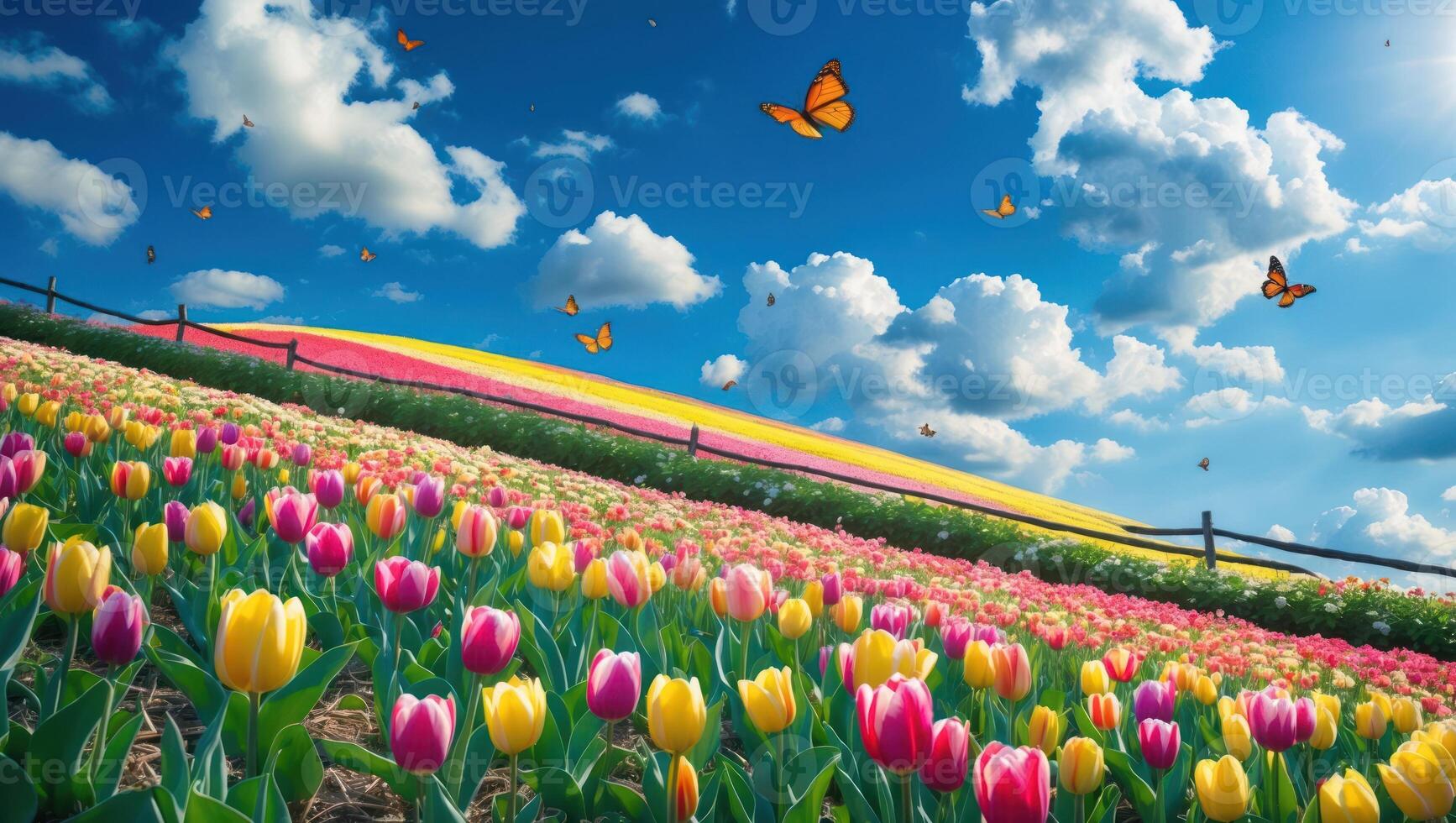 Tulip Field with Butterflies and Cloudy Sky photo