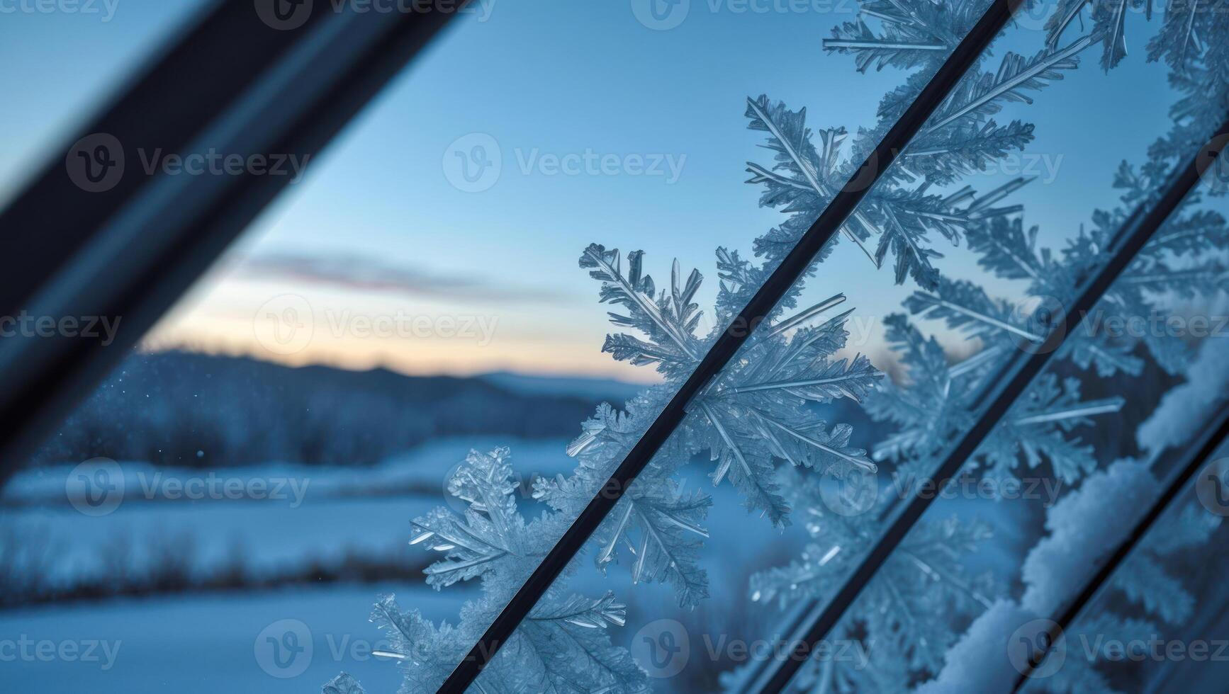 Frost Crystals on Window with Winter Landscape View photo
