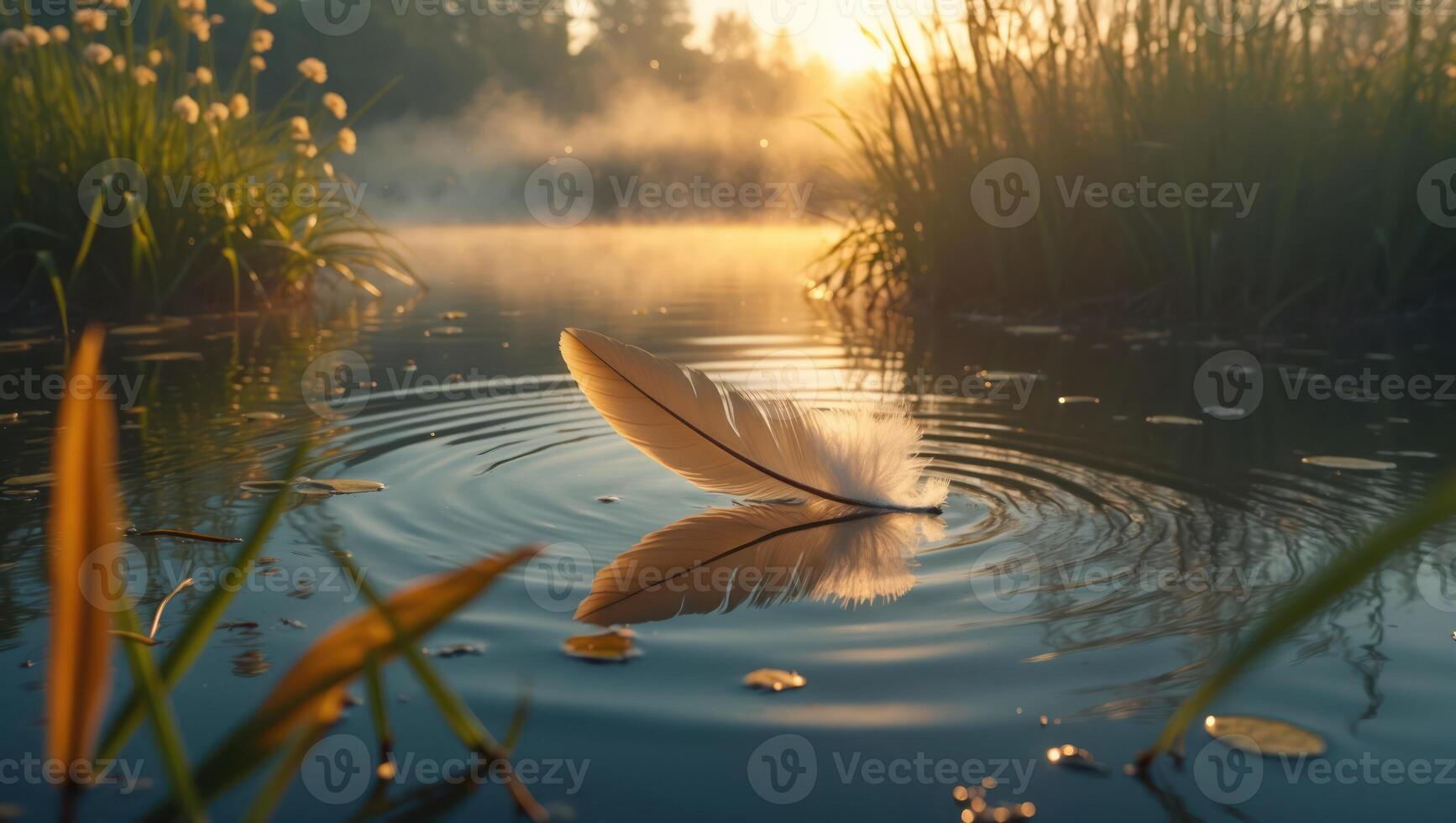Feather Floating on Calm Lake at Sunrise photo
