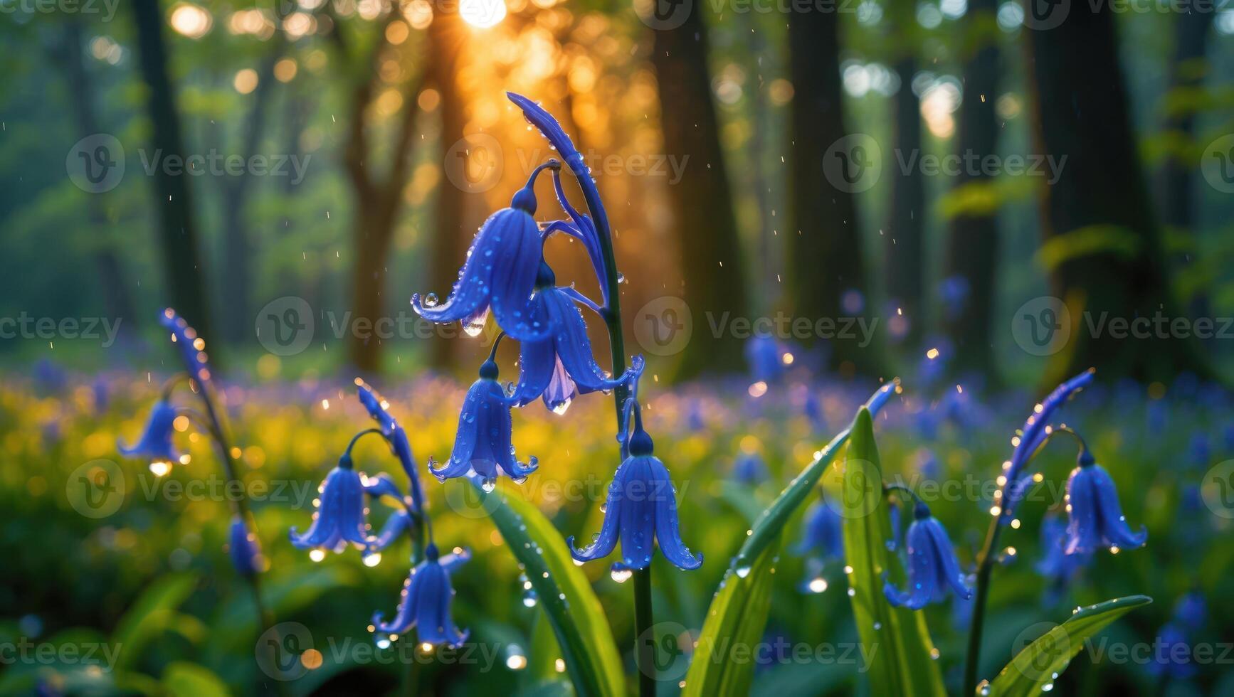Blue Flowers Blooming in Forest with Raindrops at Sunset photo
